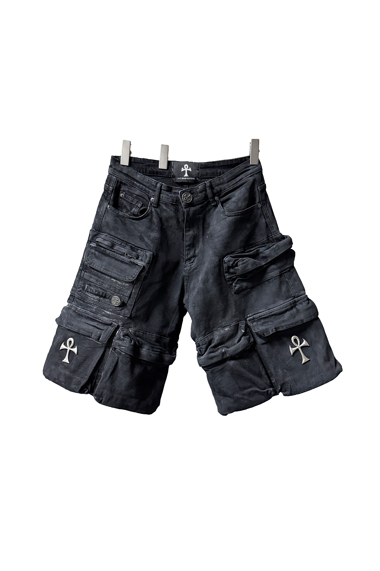 ANTI WAR REVIVAL Wax-Coated Multi-Pocket Denim Shorts