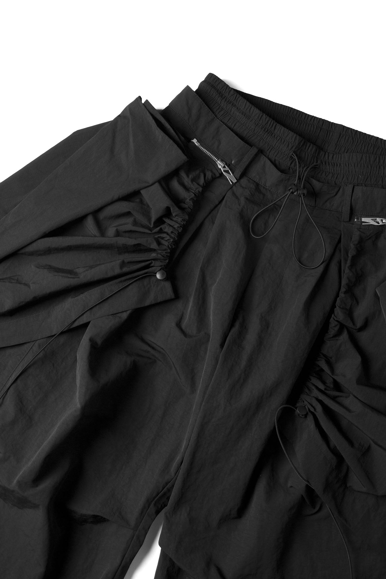 RELABEL Drawstring Layered Double-Waistband Parachute Pants Black, premium urban and streetwear designers apparel on PROJECTISR.com, RELABEL