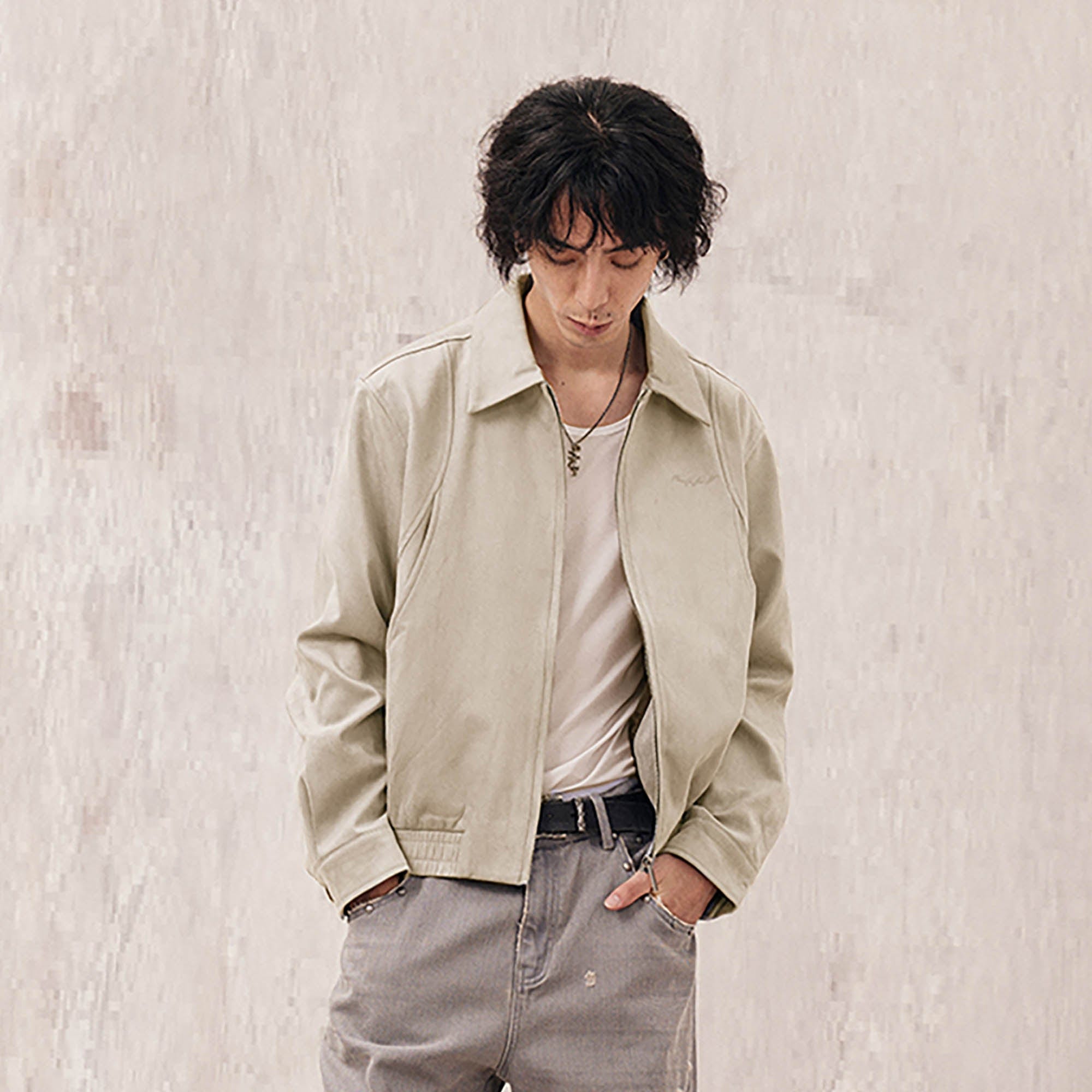 IN EXISTENCE Curved Spliced Smooth Harrington Jacket, premium urban and streetwear designers apparel on PROJECTISR.com, IN EXISTENCE