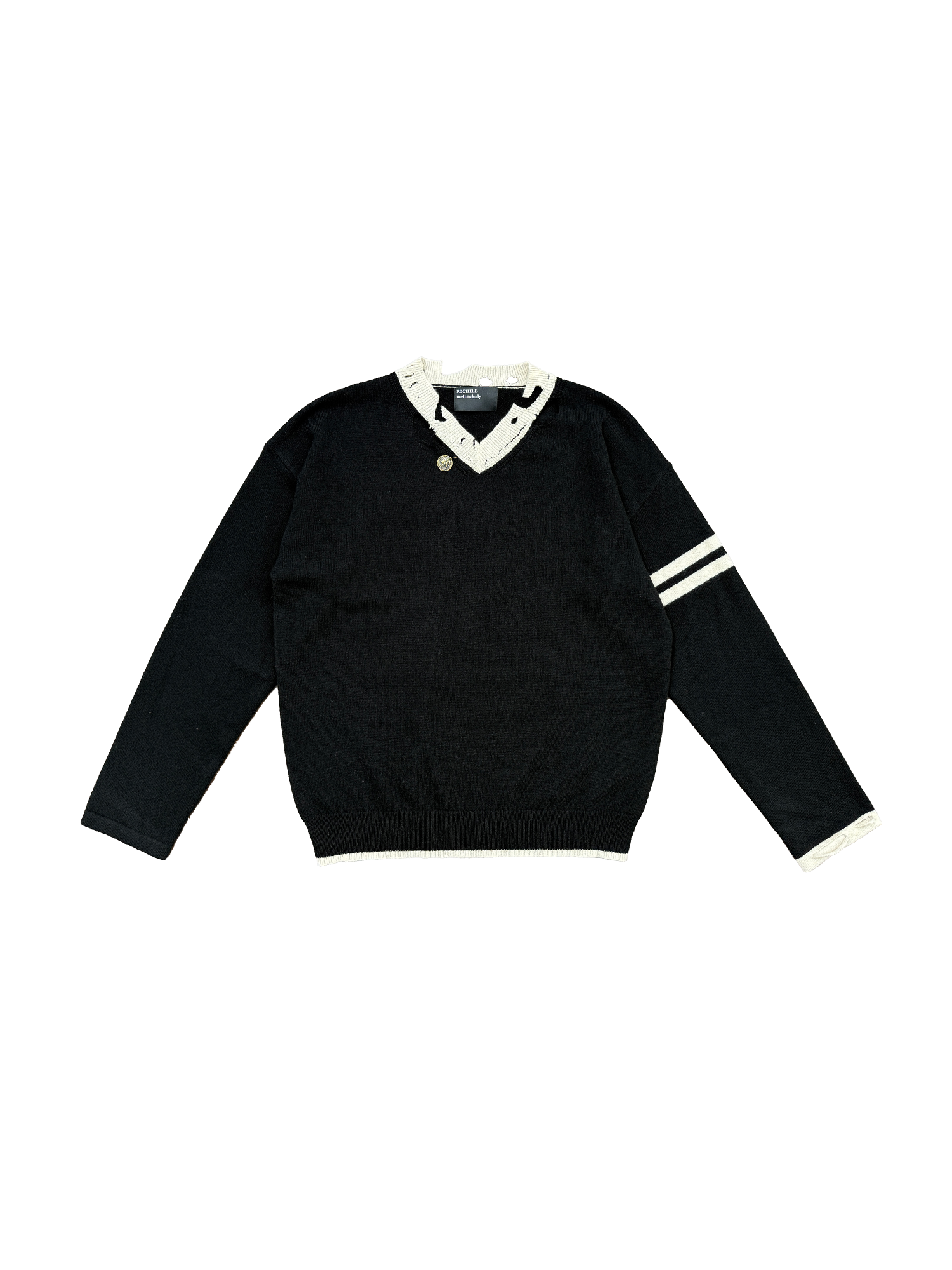 RICHILL Distressed V-Neck Coin-Button Wool Sweater
