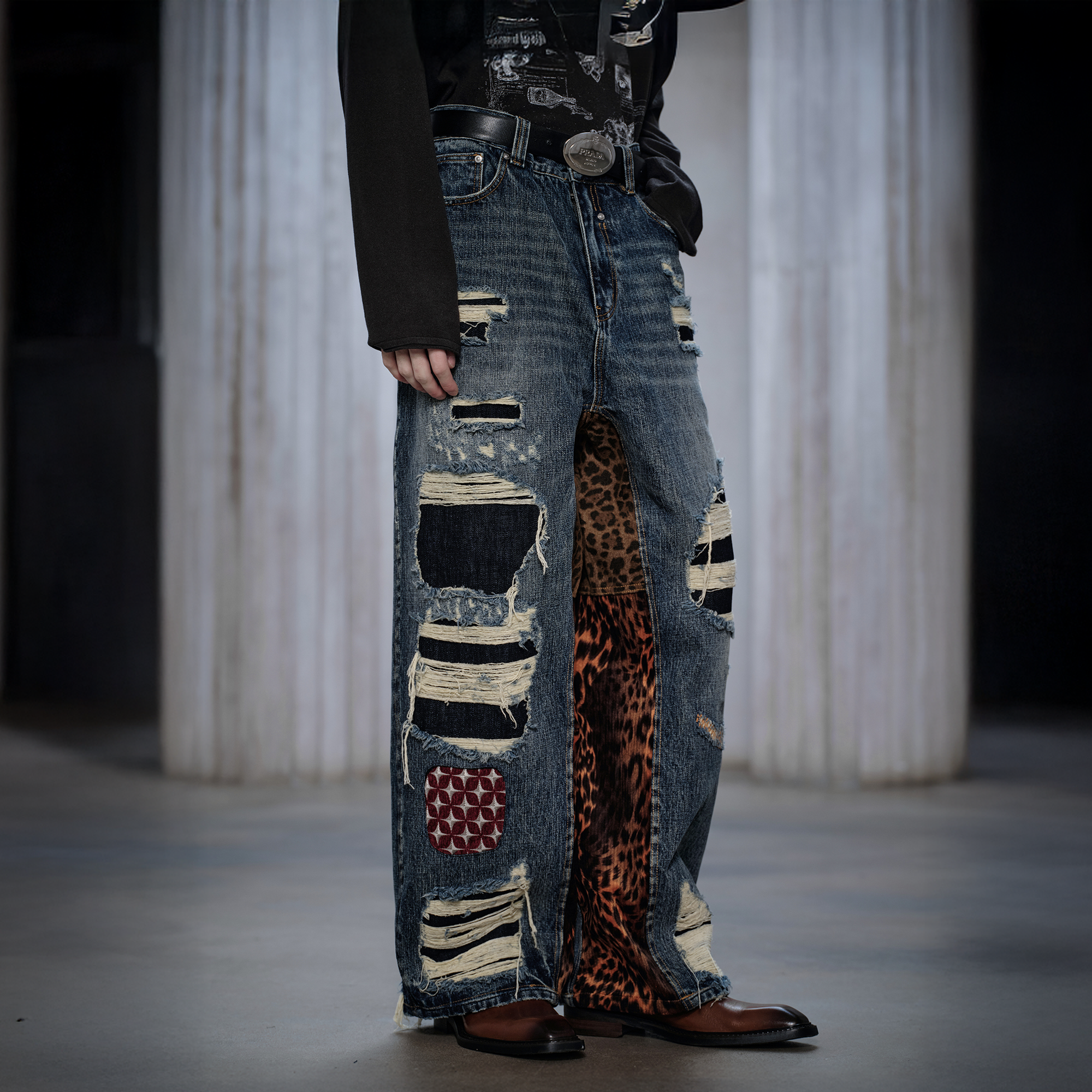FACEONLAB Distressed Patch Leopard Paneled Jeans, premium urban and streetwear designers apparel on PROJECTISR.com, FACEONLAB