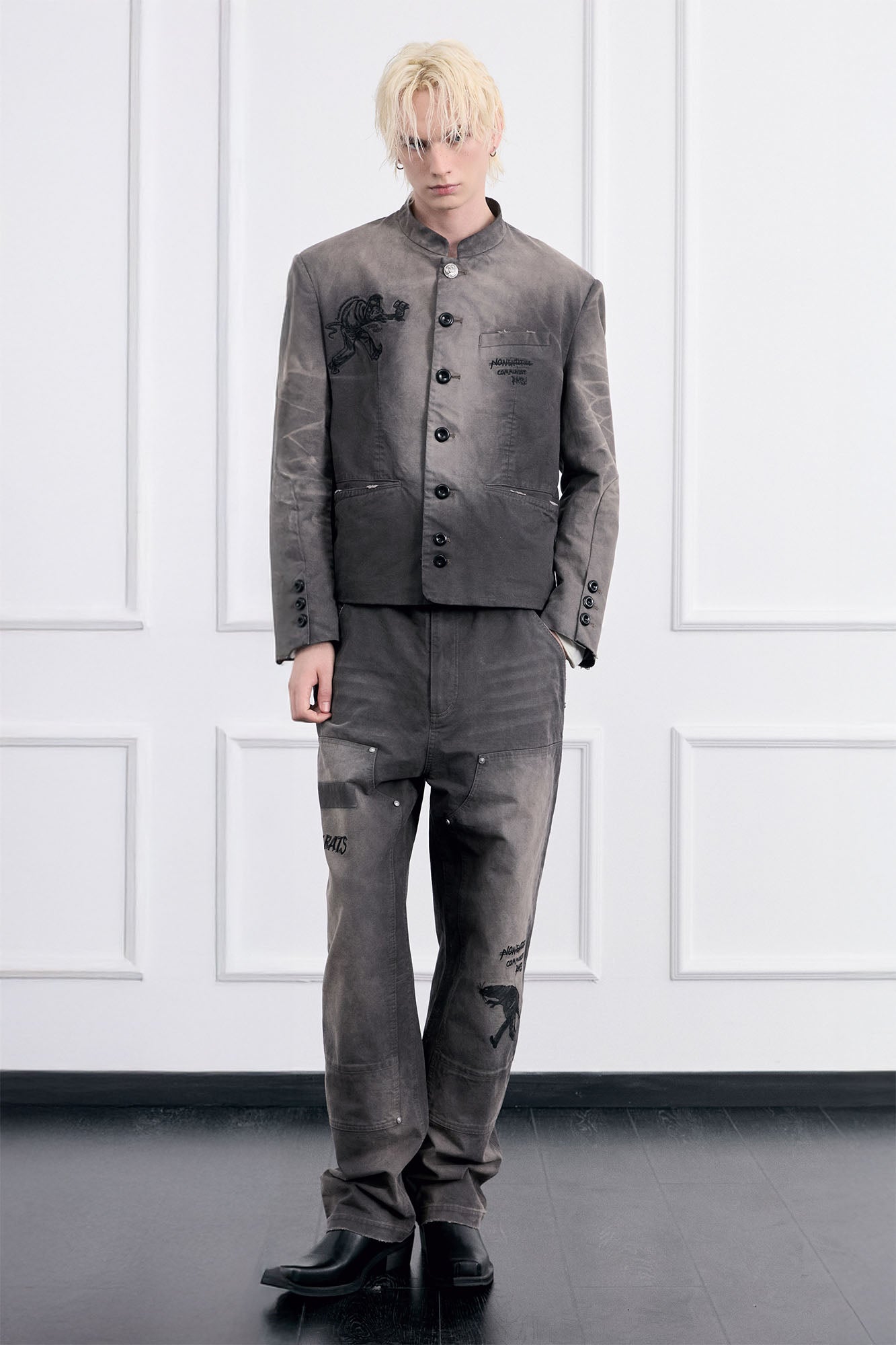 FACEONLAB Distressed Washed Double-Knee Pants