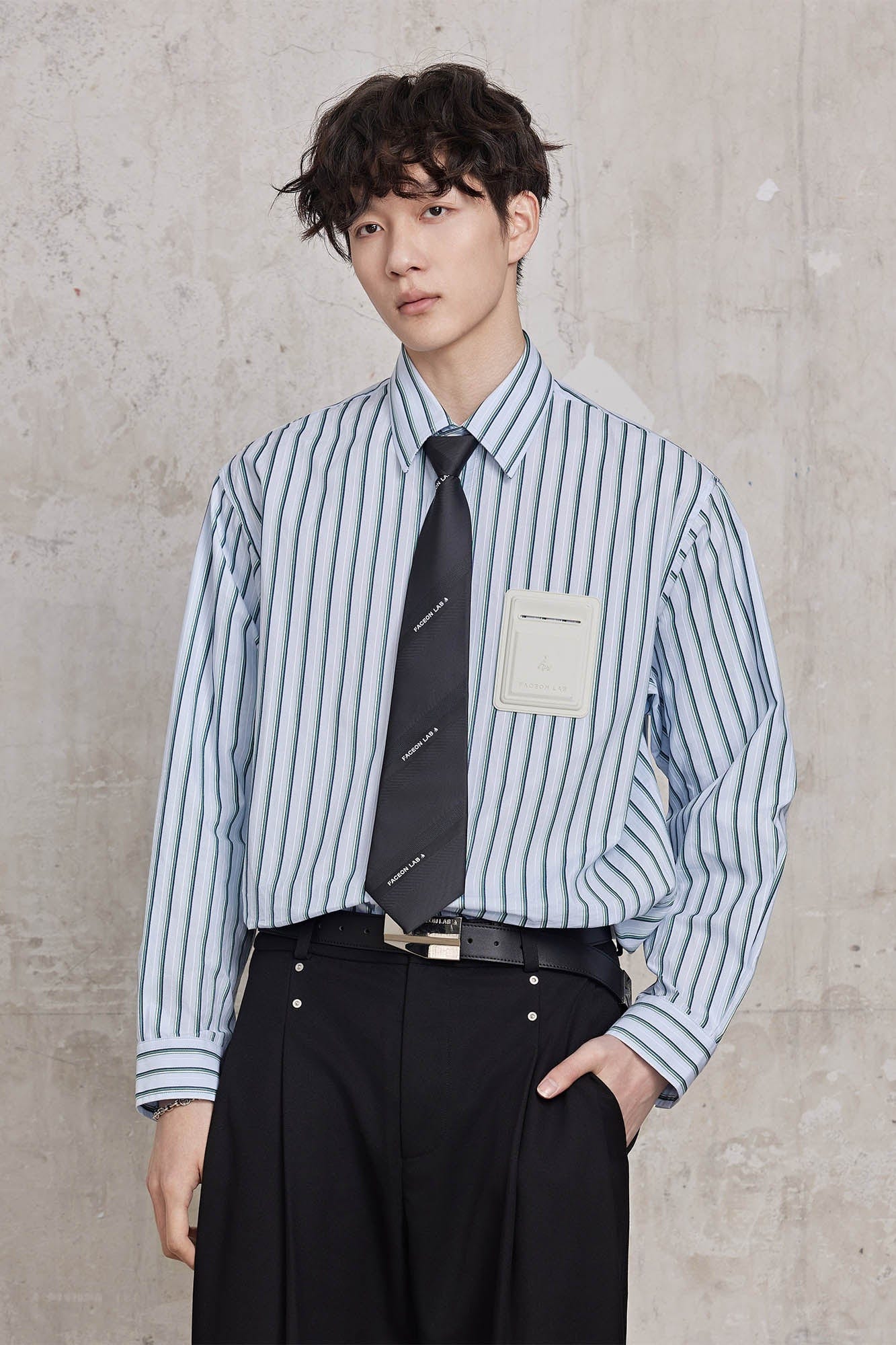 FACEONLAB Striped Patch-Pocket Poplin Shirt, premium urban and streetwear designers apparel on PROJECTISR.com, FACEONLAB