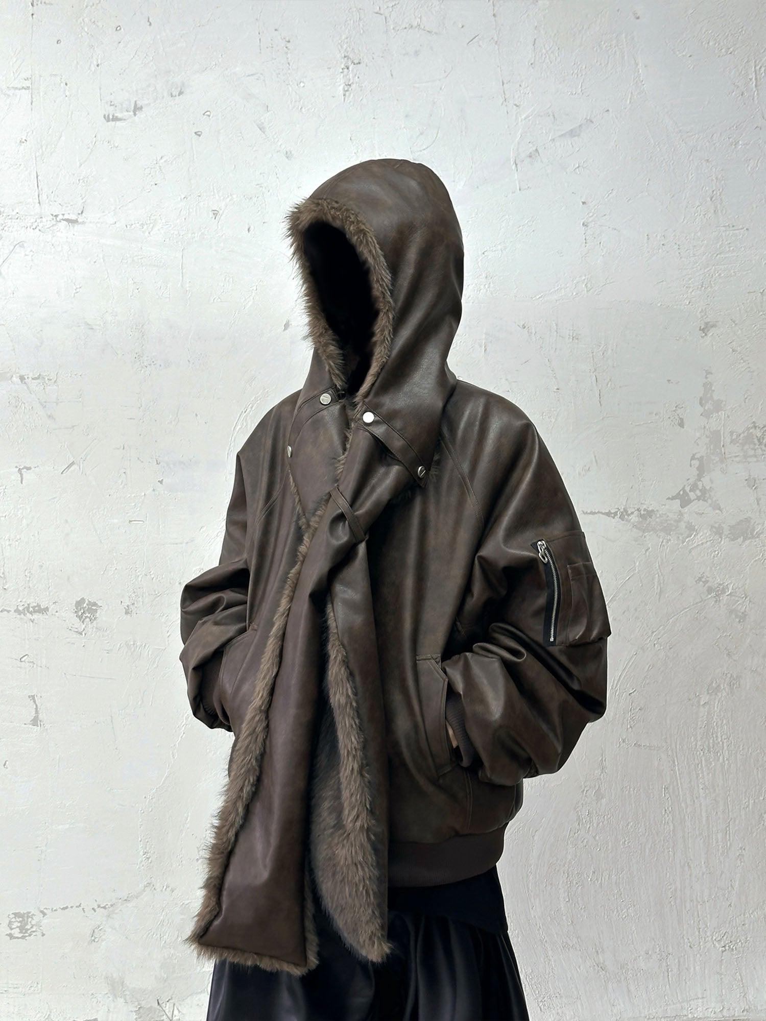 RELABEL Detachable Plush Scarf Ruched Hooded Jacket Brown, premium urban and streetwear designers apparel on PROJECTISR.com, RELABEL