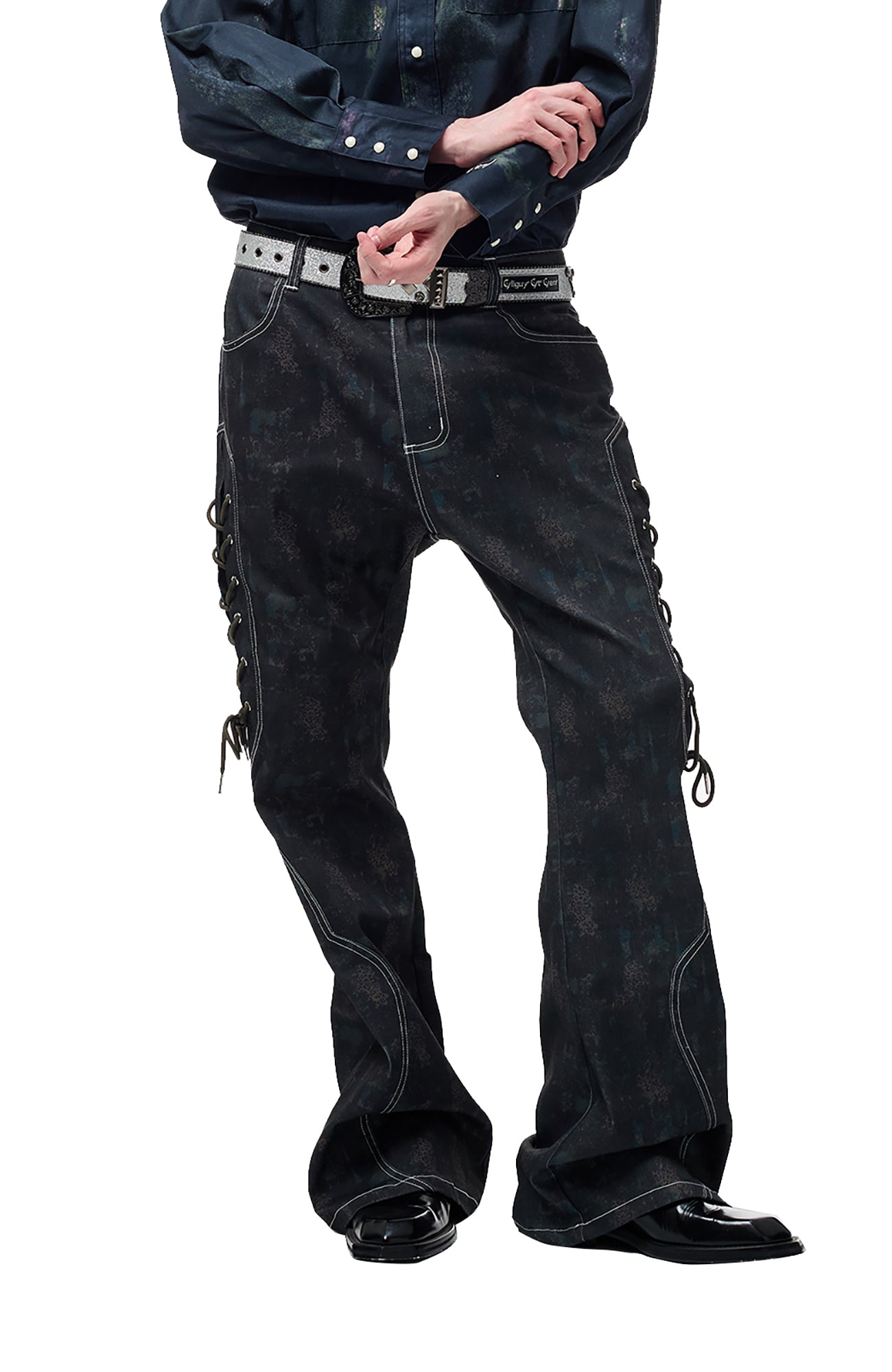 CYCYCY Bar Studded Filigree Leather Belt Gray