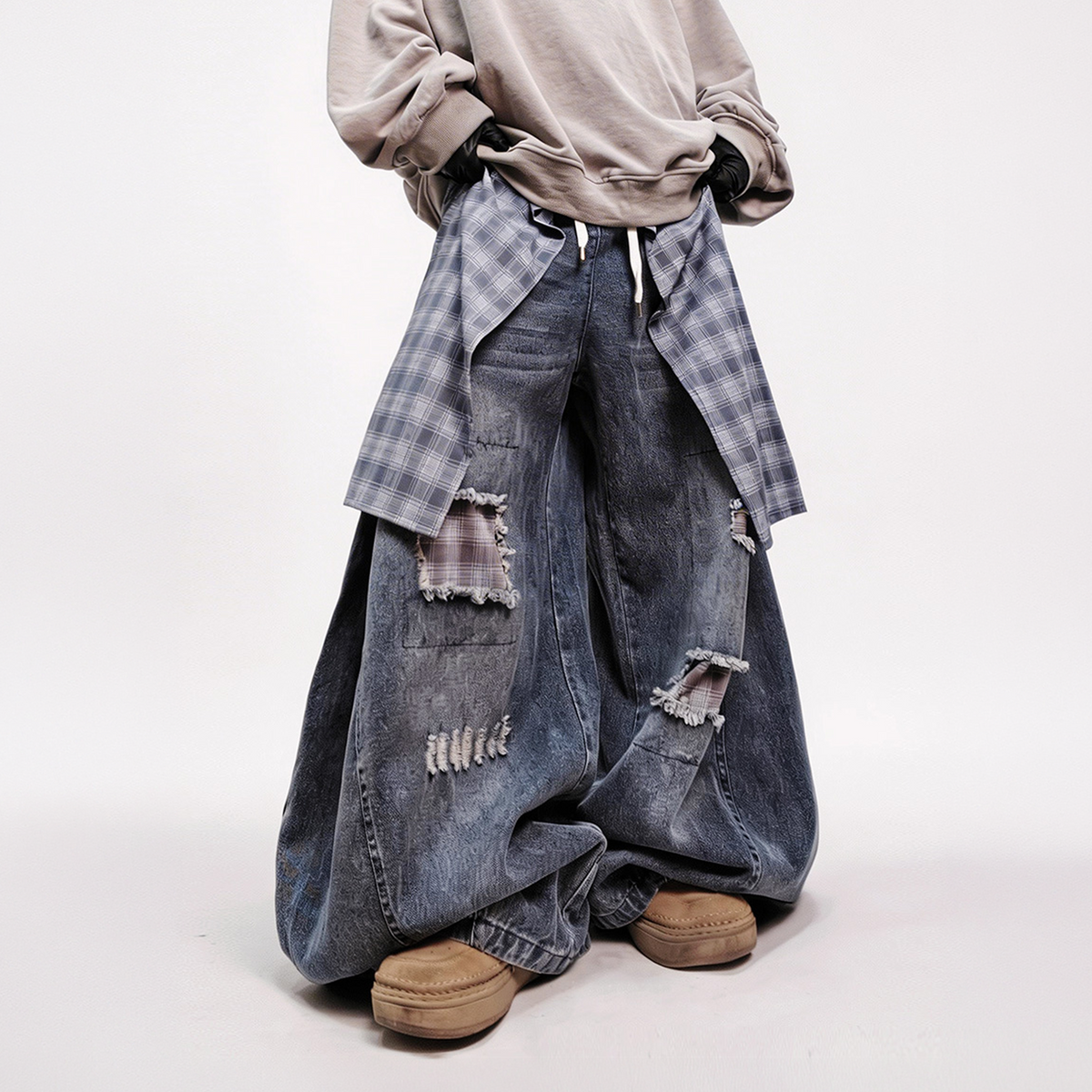 UUCSCC Distressed Layered Plaid Patch Wide-Leg Jeans