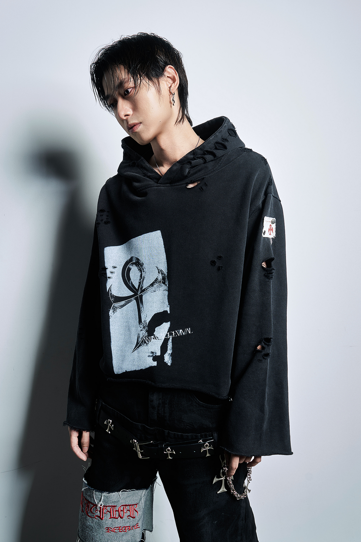 ANTI WAR REVIVAL Distressed Frayed Raw-Edge Oversized Hoodie