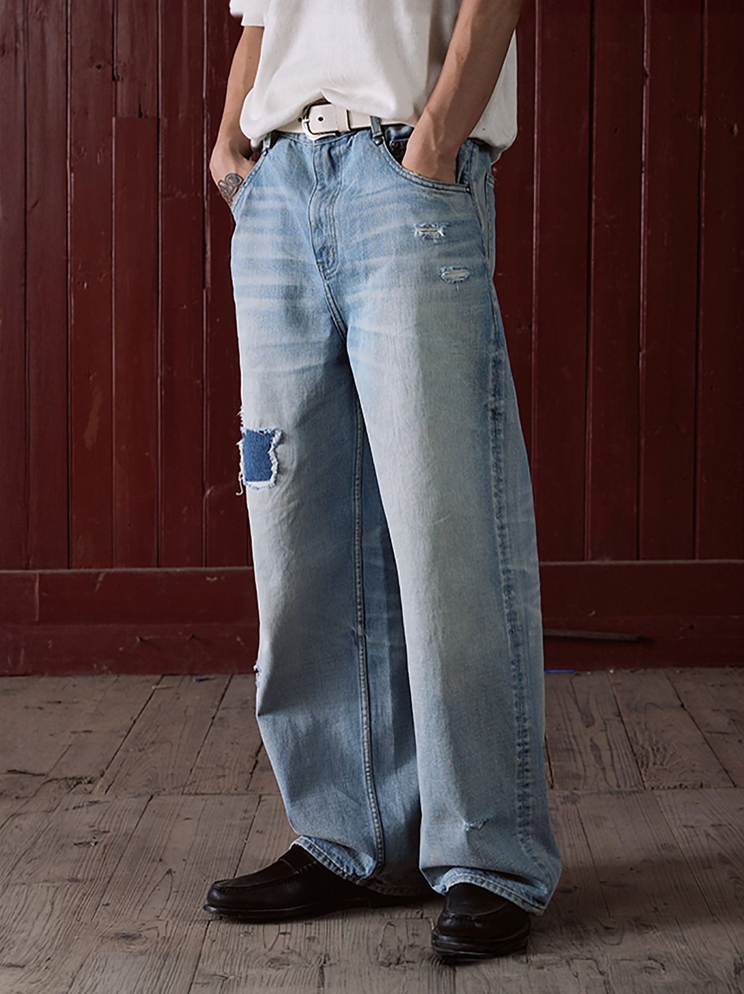 IN EXISTENCE Distressed Patchwork Creased Washed Wide-Leg Jeans, premium urban and streetwear designers apparel on PROJECTISR.com, IN EXISTENCE