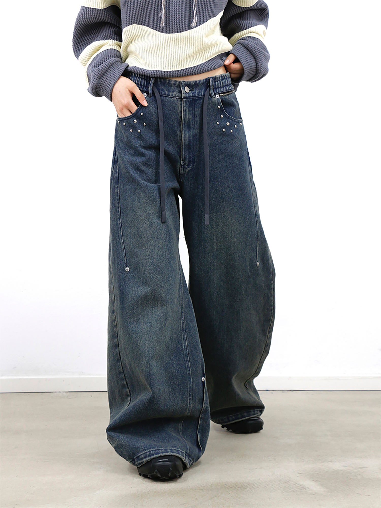 RELABEL Washed Studded Panel Oversized Jeans Blue, premium urban and streetwear designers apparel on PROJECTISR.com, RELABEL