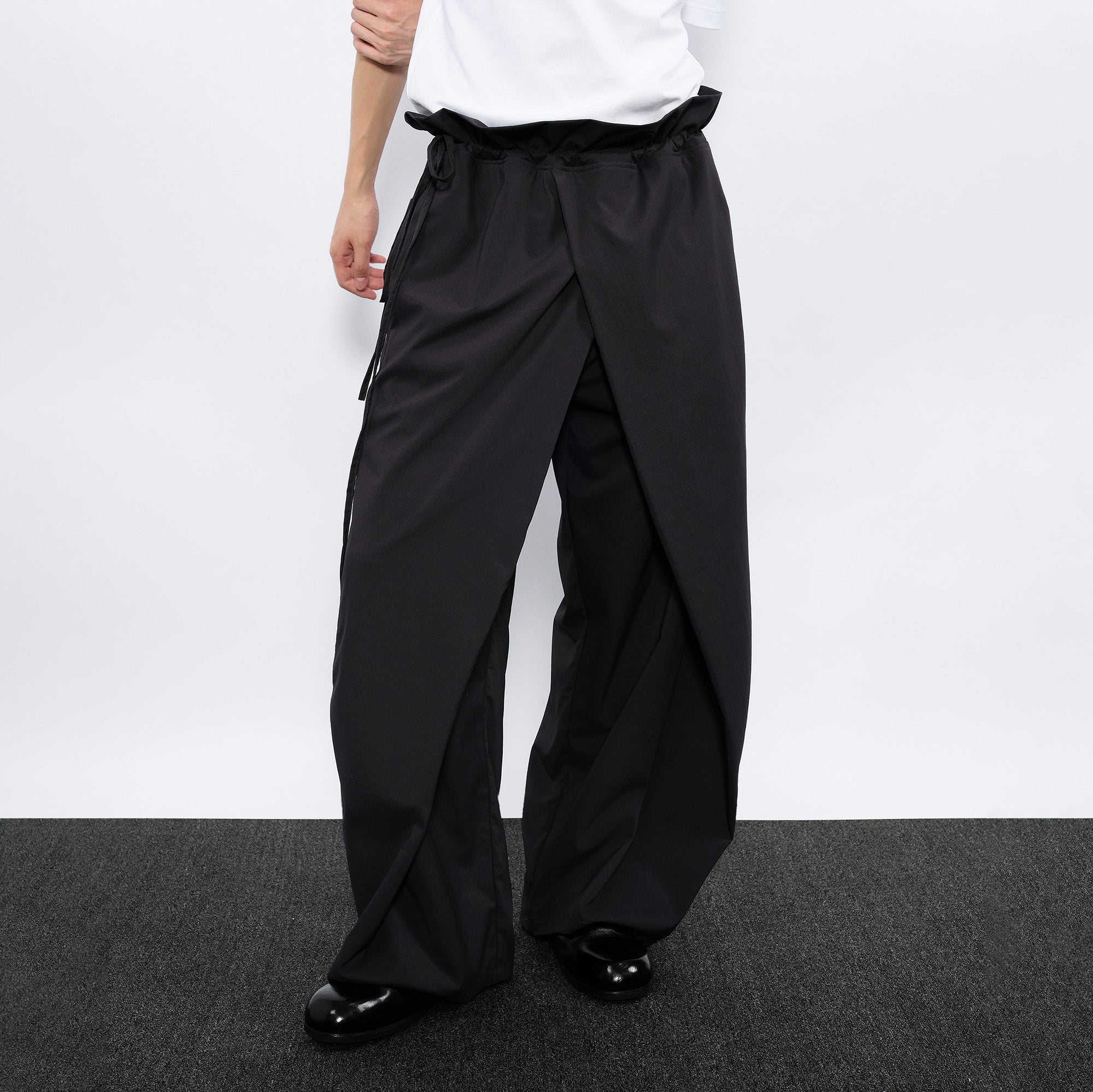 7440 37 1 Asymmetrical Overlay Drawcord Ruffled Waist Trousers, premium urban and streetwear designers apparel on PROJECTISR.com, 7440 37 1