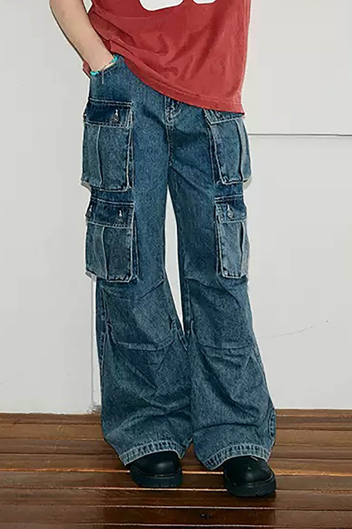 KREATE Multi-Pocket Pleated Denim Cargo Pants, premium urban and streetwear designers apparel on PROJECTISR.com, KREATE