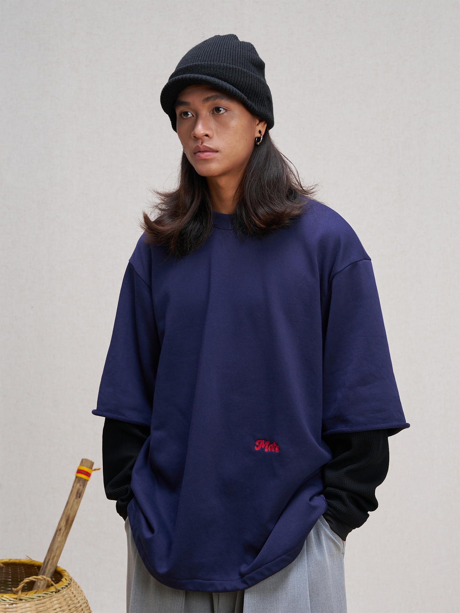 UNLIMITED MOTE Waffle Sleeve Layered Drawstring Hem Sweatshirt