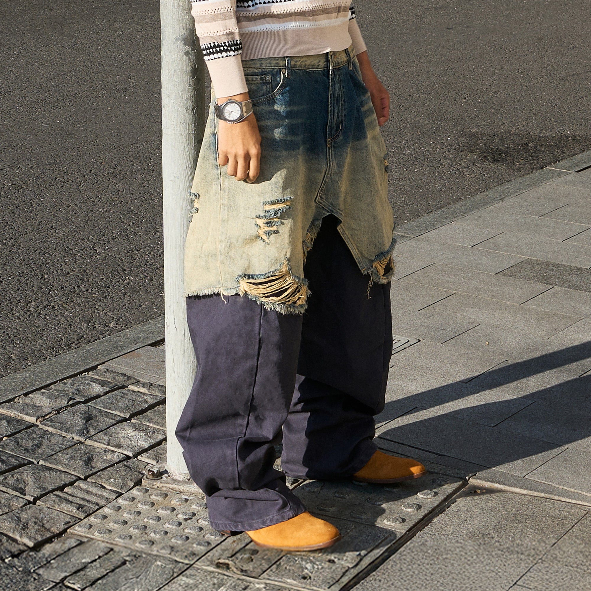 STEEPC Distressed Layered Denim Overlay Pants, premium urban and streetwear designers apparel on PROJECTISR.com, STEEPC