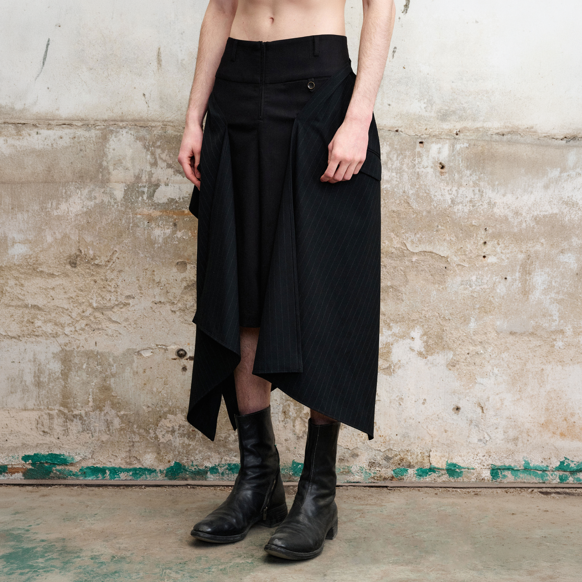ILNya Nieternite Nifutur Asymmetric Draped Panel Pinstripe Skort Shorts, premium urban and streetwear designers apparel on PROJECTISR.com, ILNya Nieternite Nifutur