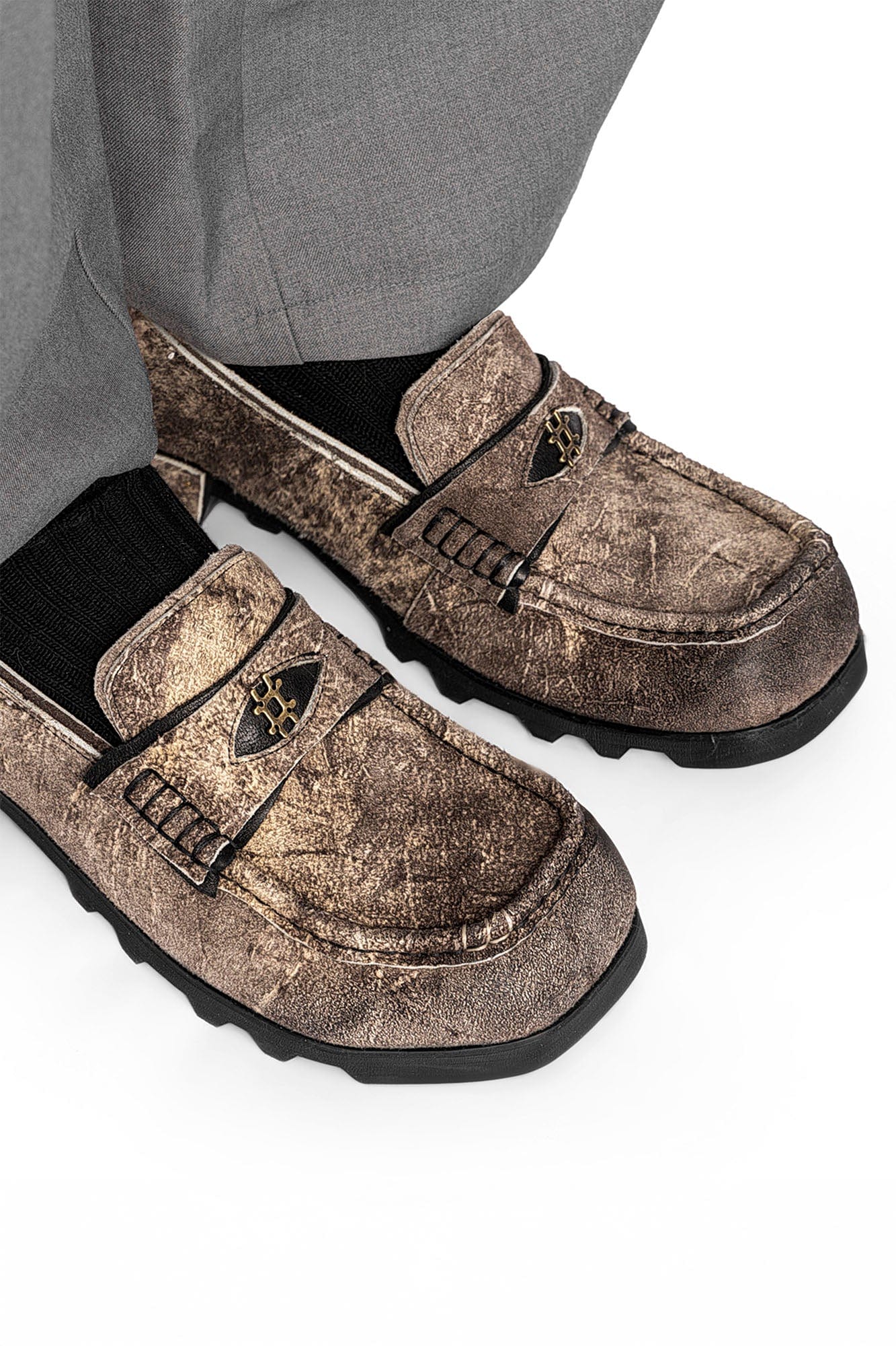 REWRITE Distressed Cowhide Saddle Loafers, premium urban and streetwear designers apparel on PROJECTISR.com, REWRITE