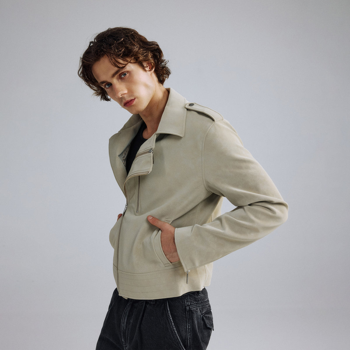 IN EXISTENCE Suede-Touch Double-Zip Biker Jacket