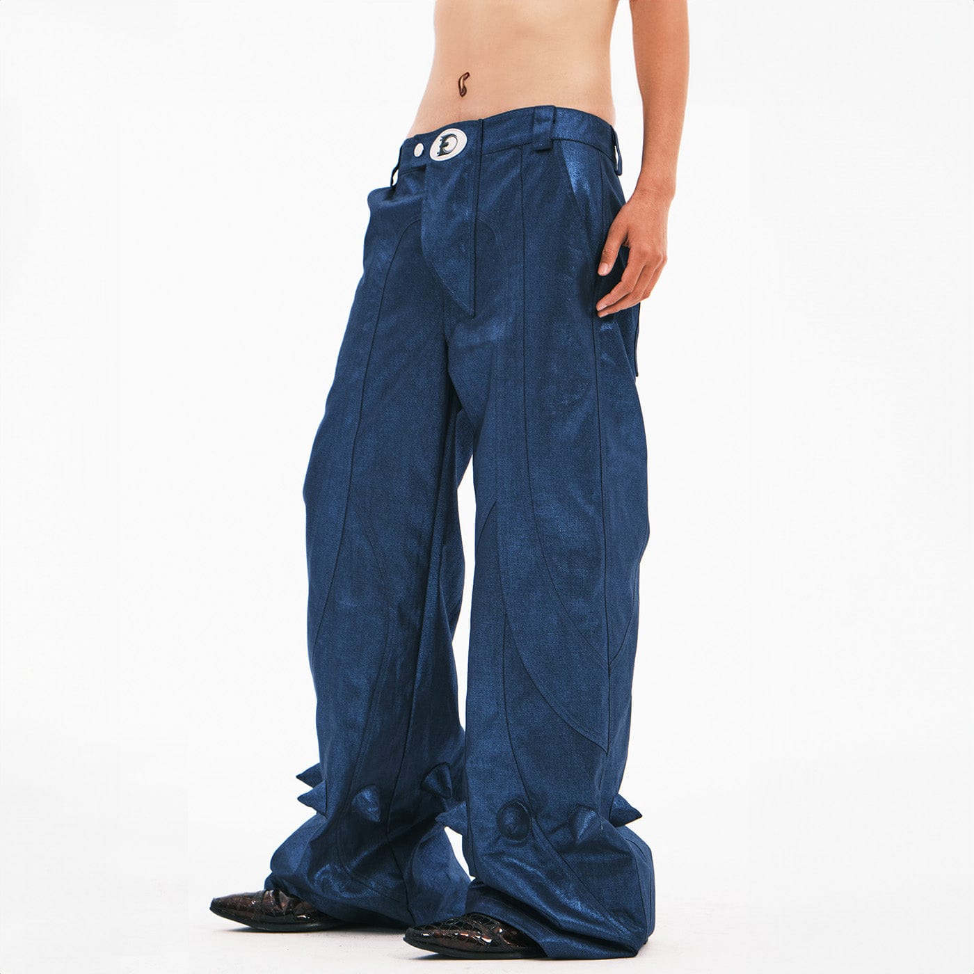EMBRYO Metallic Devil Horned Wide-Leg Paneled Pants Blue, premium urban and streetwear designers apparel on PROJECTISR.com, EMBRYO