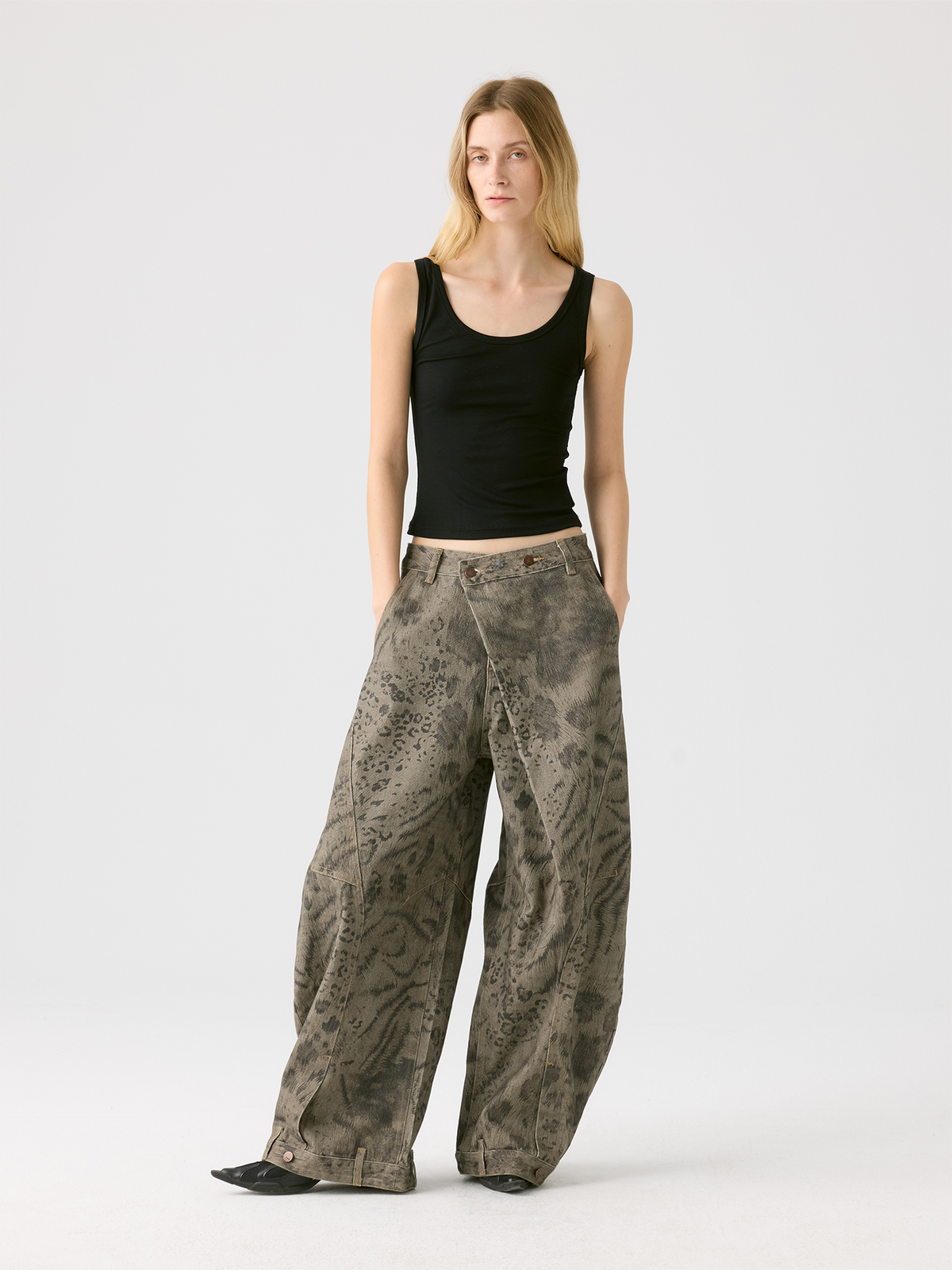 HAHAHA Animal Totem Graphic Crossover-Waist Curved Wide-Leg Pants