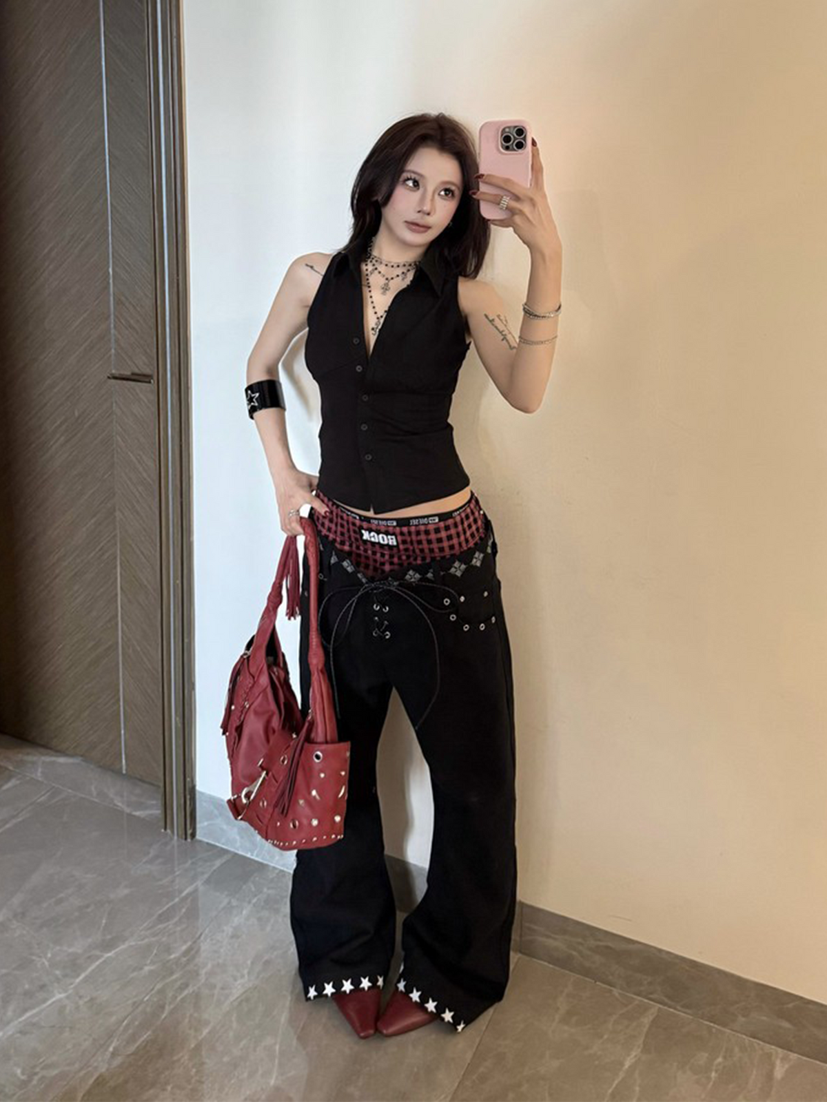 DETW Curved Plaid Spliced Double-Waistband Jeans