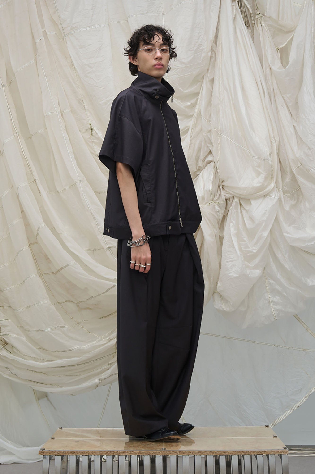 RELABEL Pleated Drawstring Curved Wide-Leg Trousers, premium urban and streetwear designers apparel on PROJECTISR.com, RELABEL
