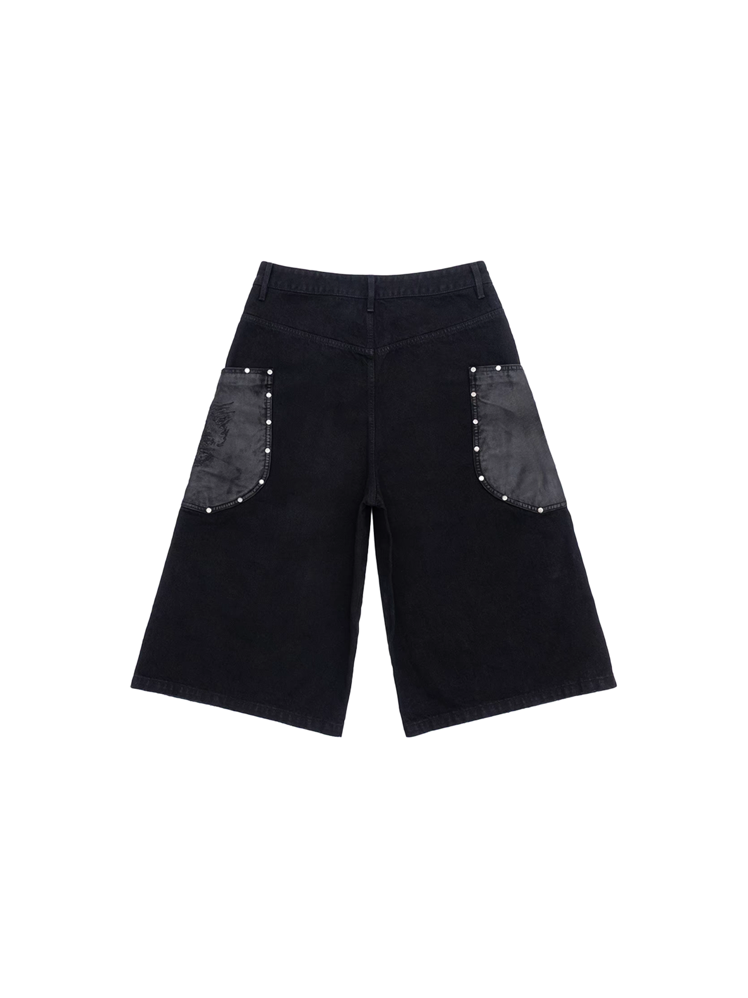 IN EXISTENCE Washed Rivet-Trim Patch Denim Shorts, premium urban and streetwear designers apparel on PROJECTISR.com, IN EXISTENCE
