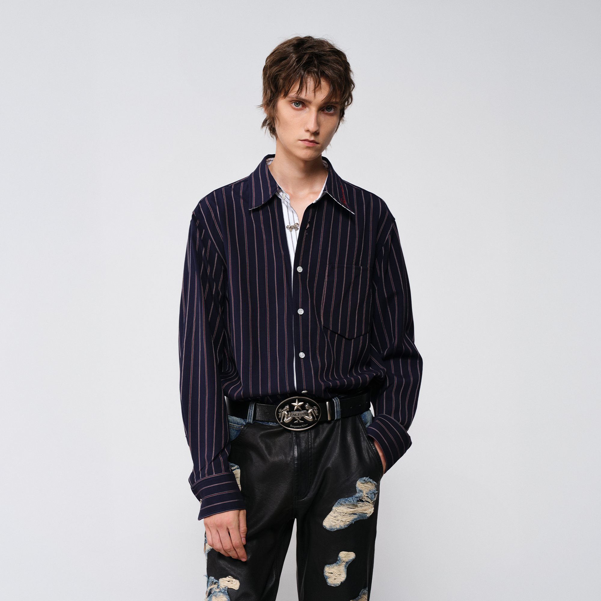 FACEONLAB Striped Spliced Embroidered Wide-Collar Shirt