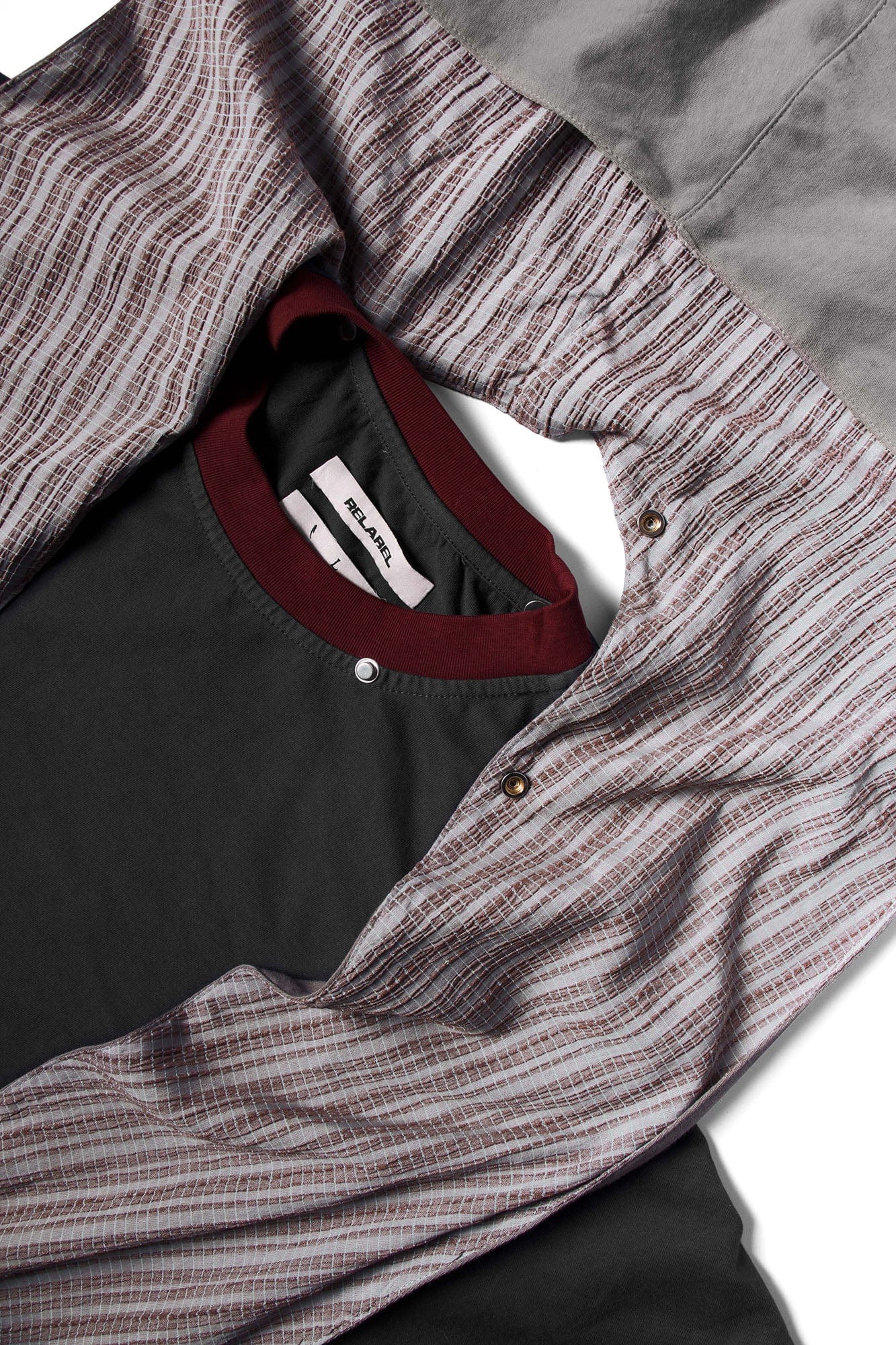 RELABEL Triple-Layer Detachable Striped Hood Long-Sleeve Tee Red, premium urban and streetwear designers apparel on PROJECTISR.com, RELABEL