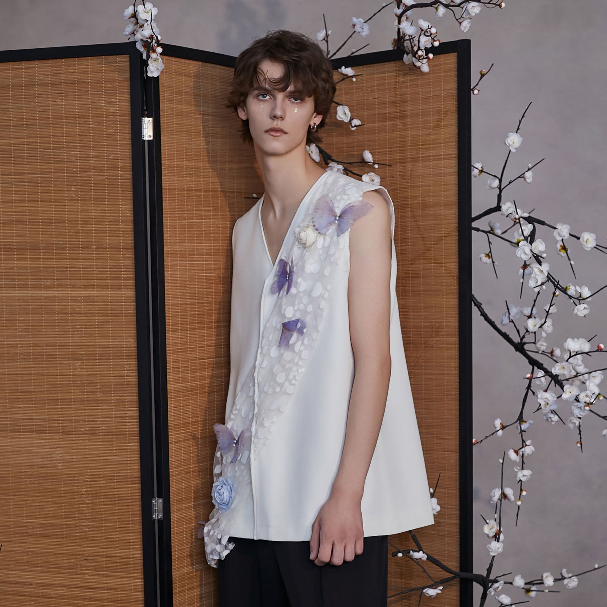 JIECHI Butterfly&Floral Asymmetrical Sheer V-Neck Vest, premium urban and streetwear designers apparel on PROJECTISR.com, JIECHI