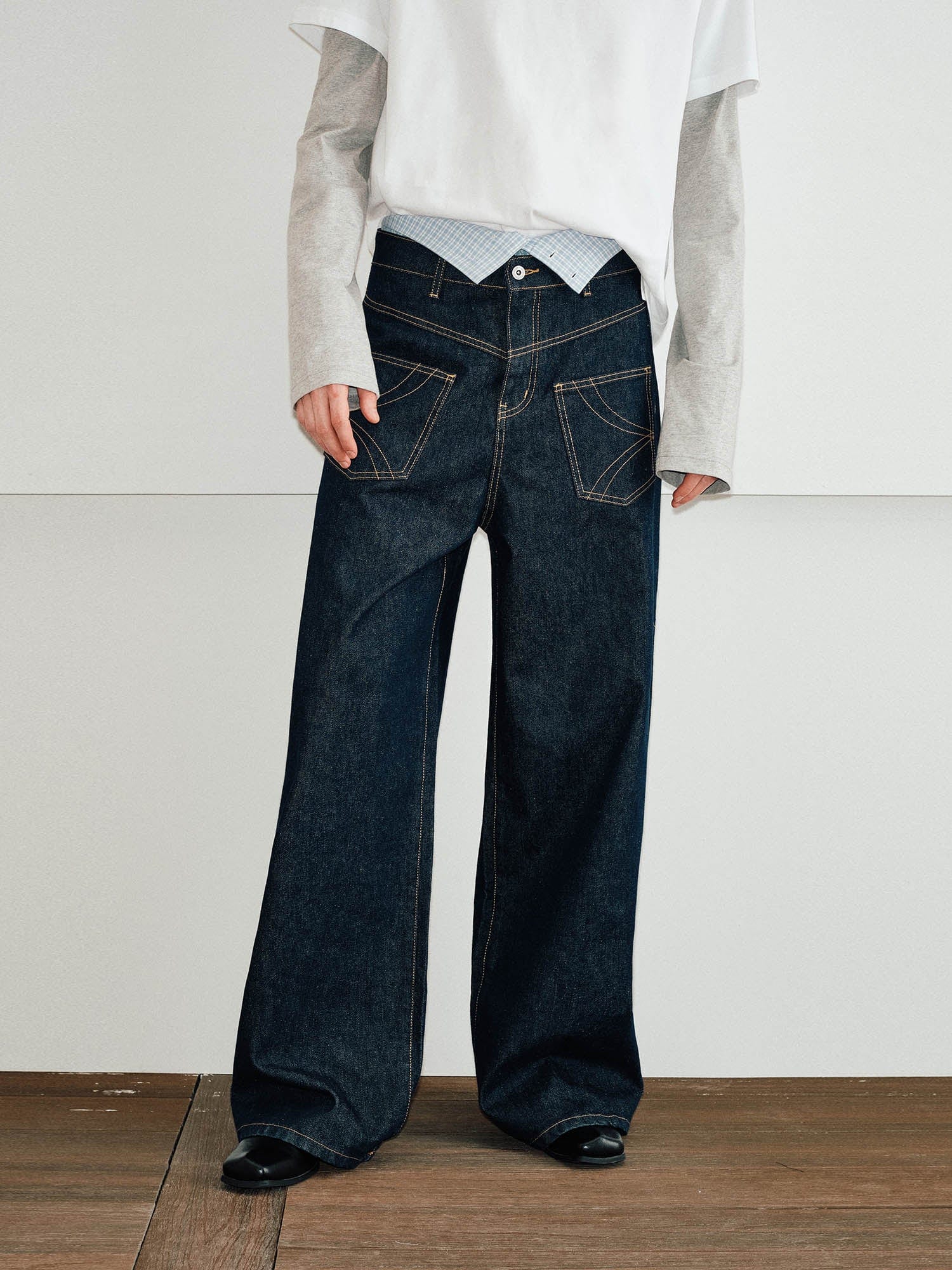 KREATE Reversed Fold-Over Wide-Leg Jeans, premium urban and streetwear designers apparel on PROJECTISR.com, KREATE