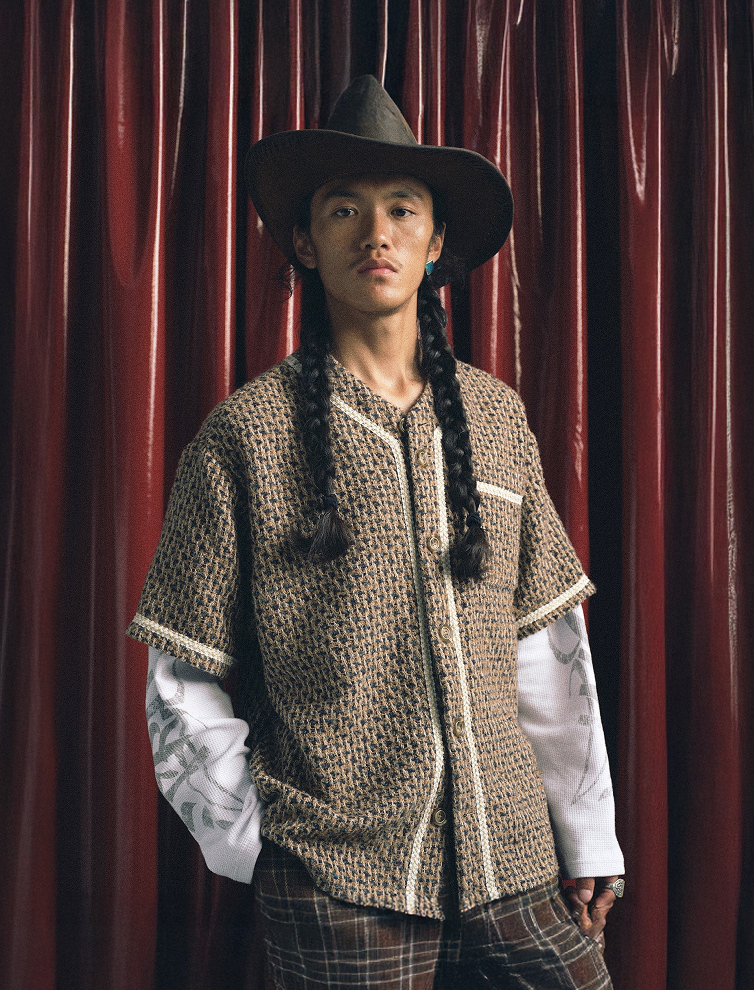 TRECLUB Tweed Layered Baseball Shirt