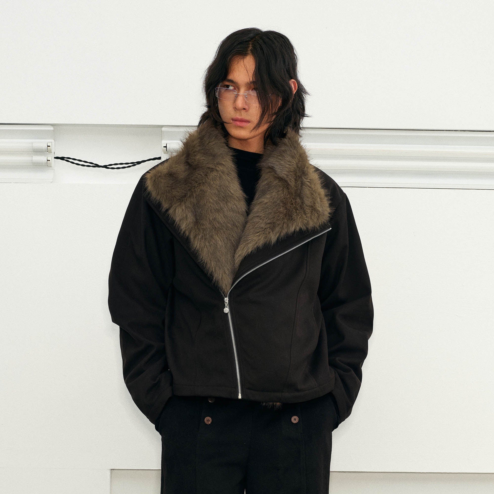 KREATE Detachable Faux Fur Collar Asymmetrical Jacket, premium urban and streetwear designers apparel on PROJECTISR.com, KREATE