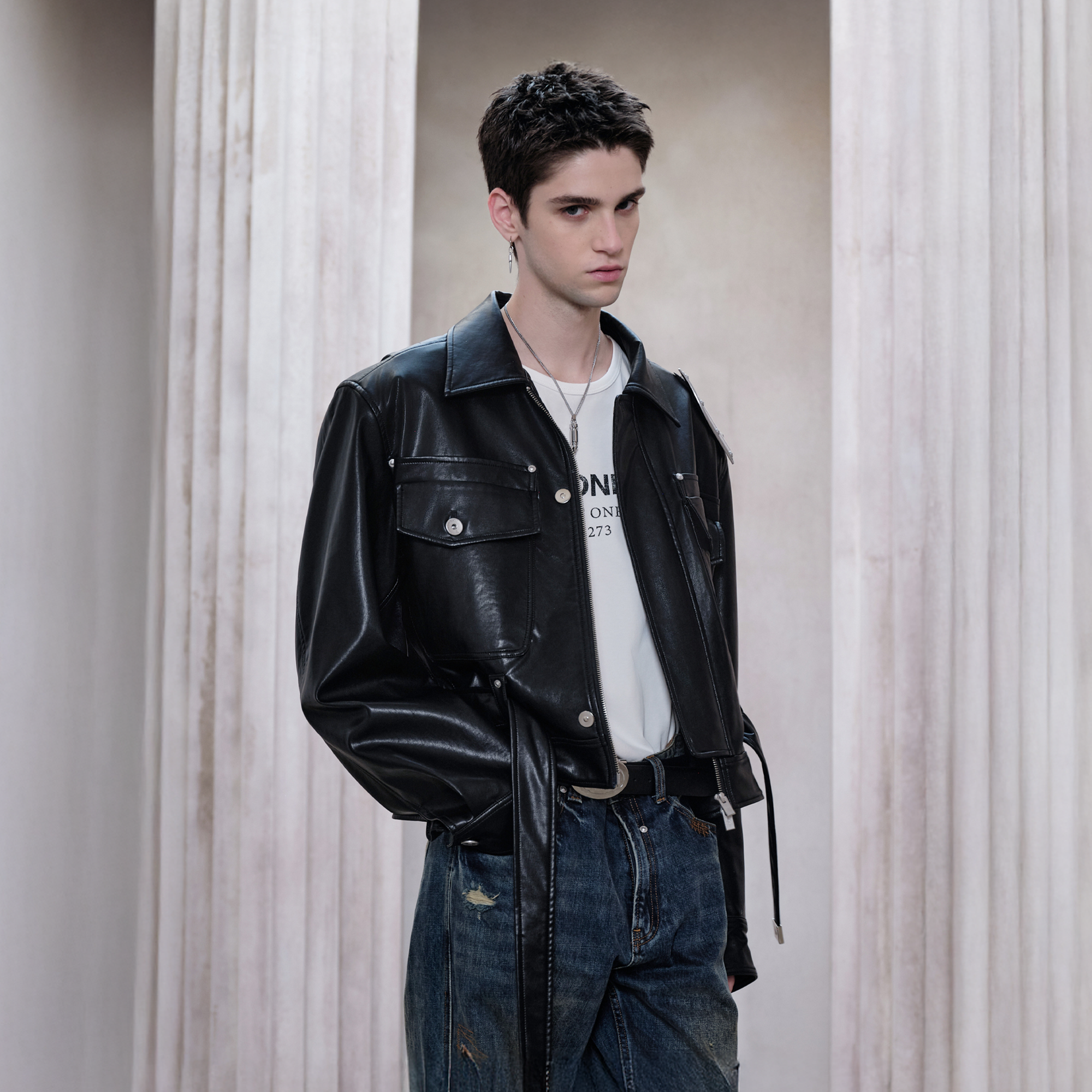 FACEONLAB Metal Epaulettes Belted Faux Leather Jacket Black