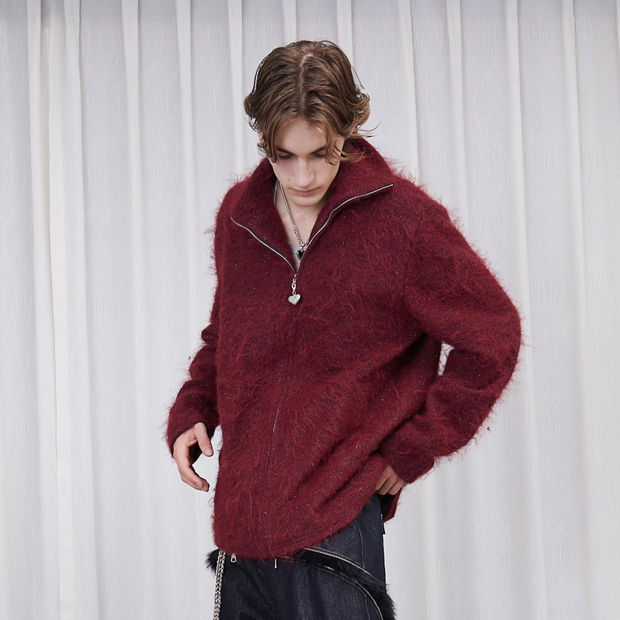 ASSEEN Asym-Zip Glitter Mohair Cardigan