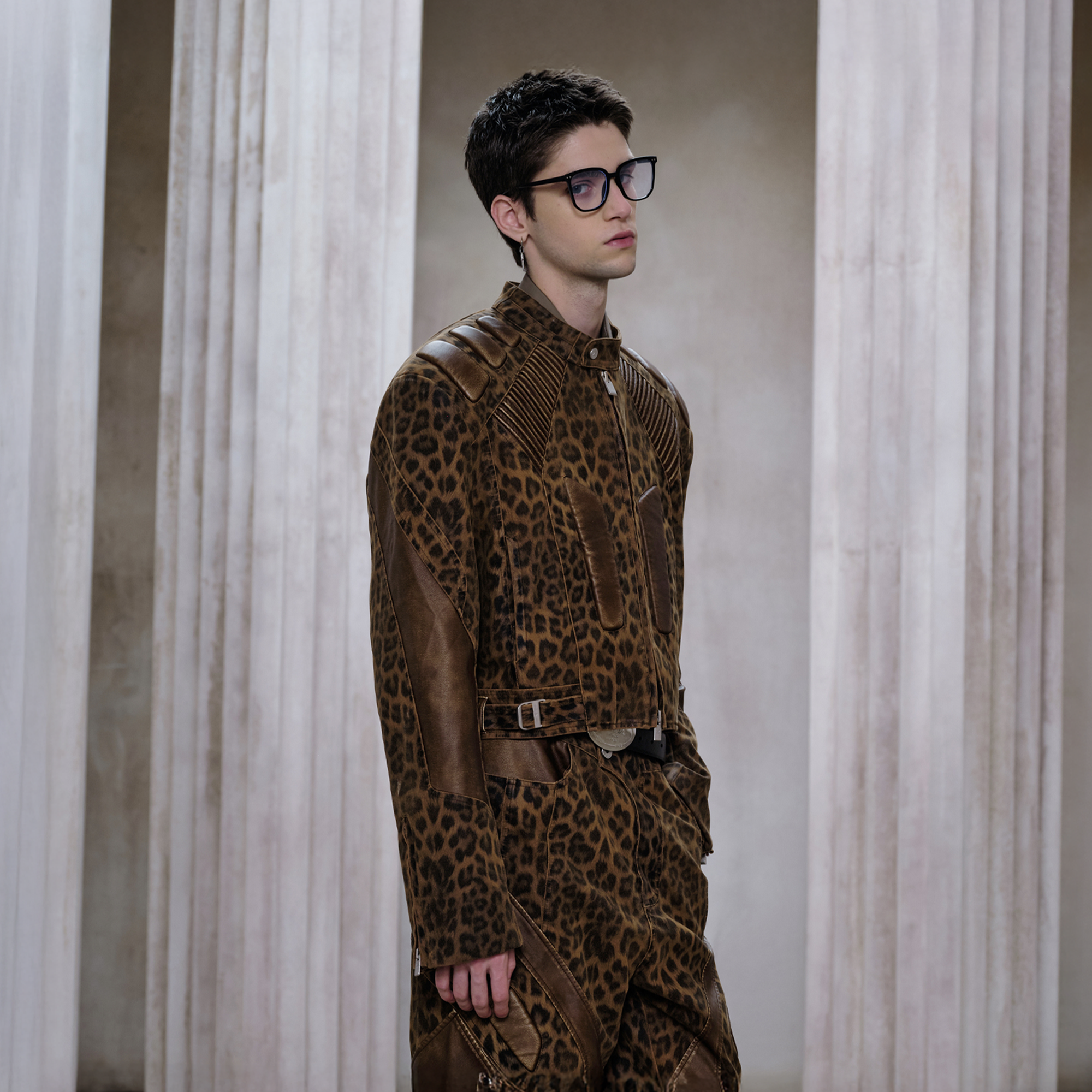 FACEONLAB Leopard Paneled Ribbed Armor Jacket