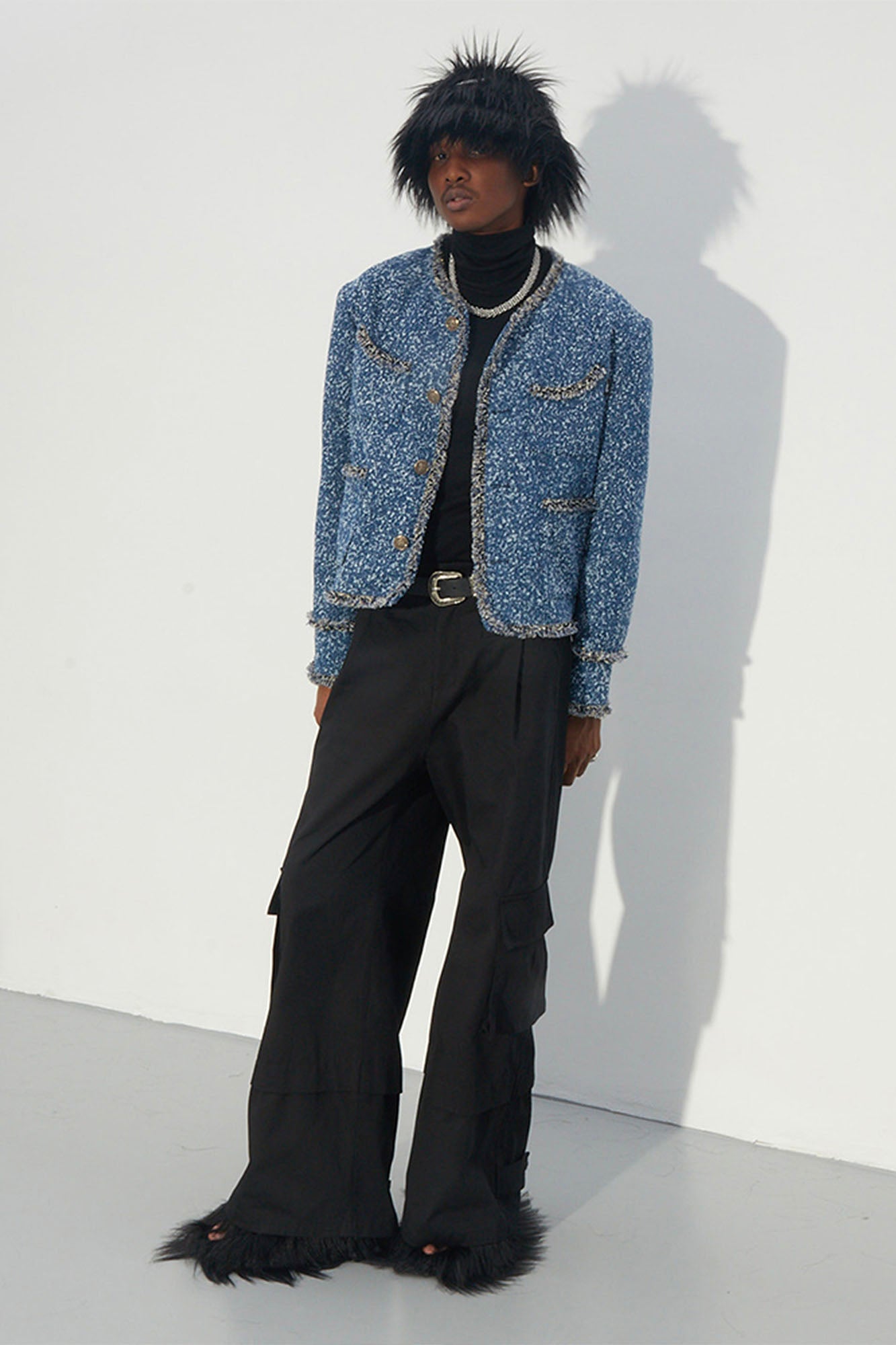 ASSEEN Washed Fringe Tweed Denim Jacket, premium urban and streetwear designers apparel on PROJECTISR.com, ASSEEN