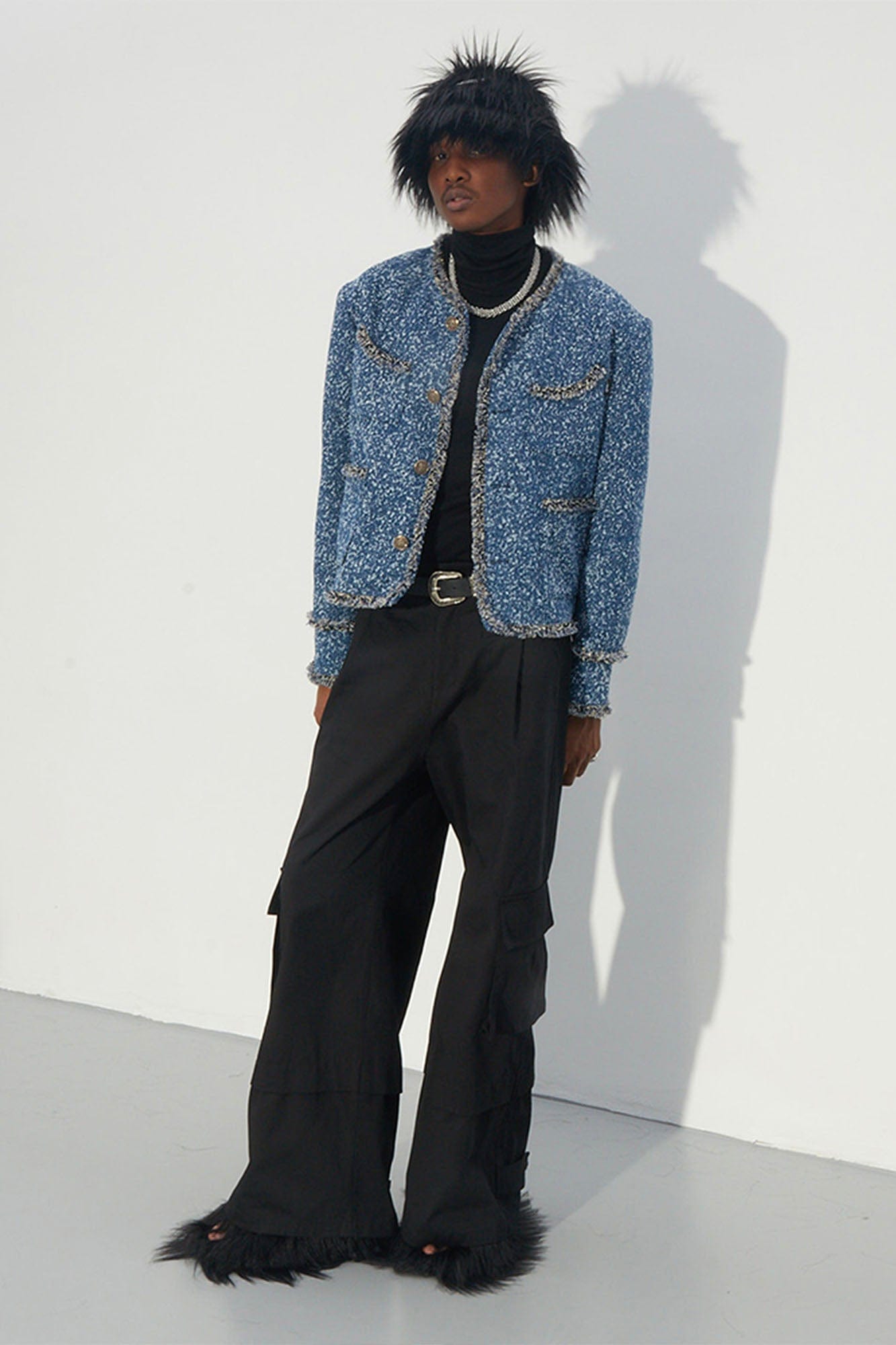 ASSEEN Washed Fringe Tweed Denim Jacket, premium urban and streetwear designers apparel on PROJECTISR.com, ASSEEN
