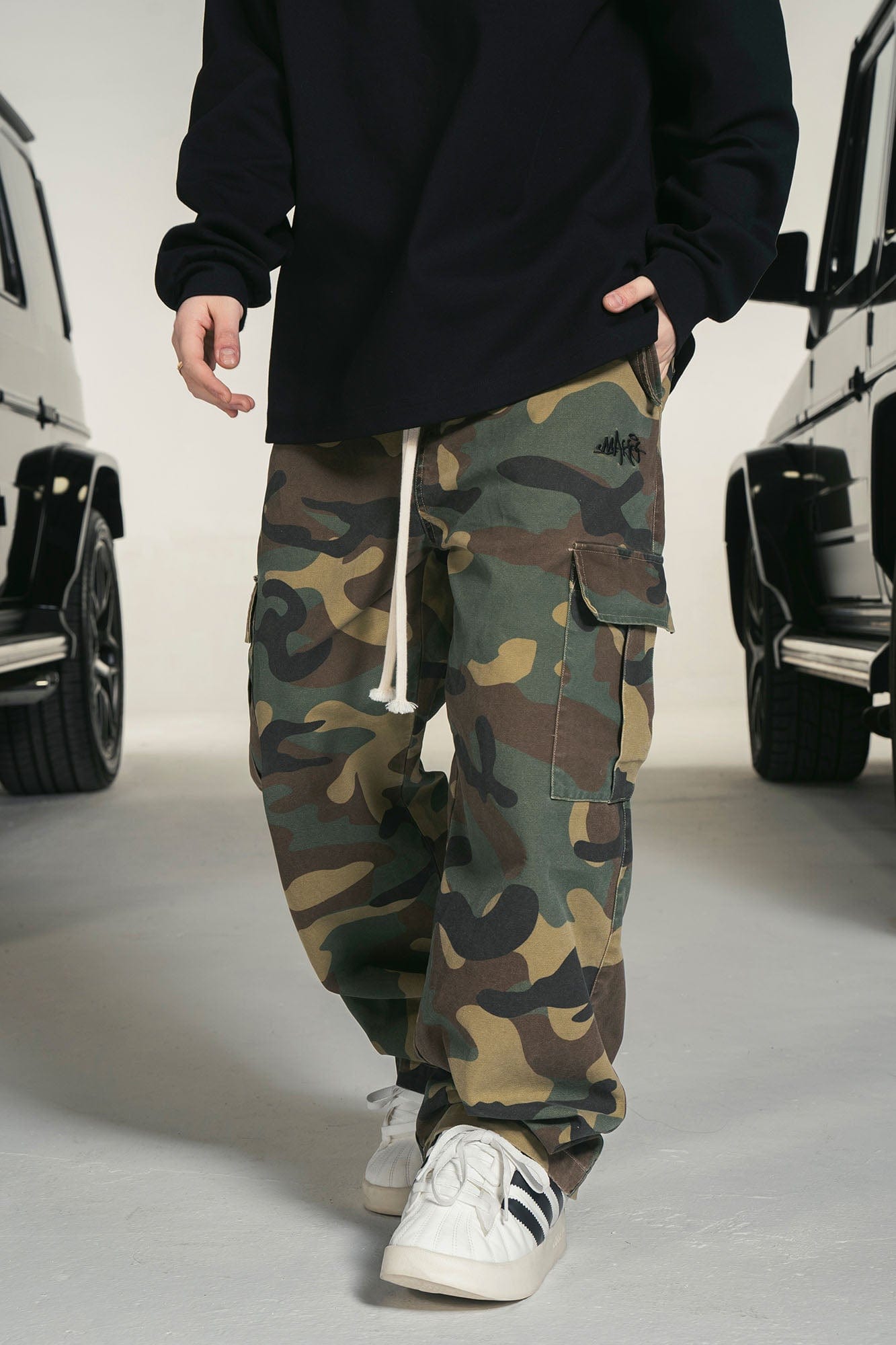 MAKEMORE Camo Drawstring Cargo Sweatpants, premium urban and streetwear designers apparel on PROJECTISR.com, MAKEMORE