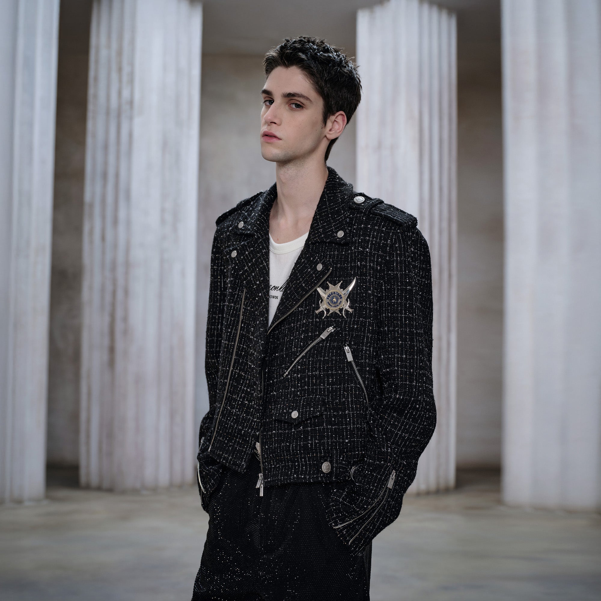 FACEONLAB Metal Badge Multi-Zip Tweed Biker Jacket