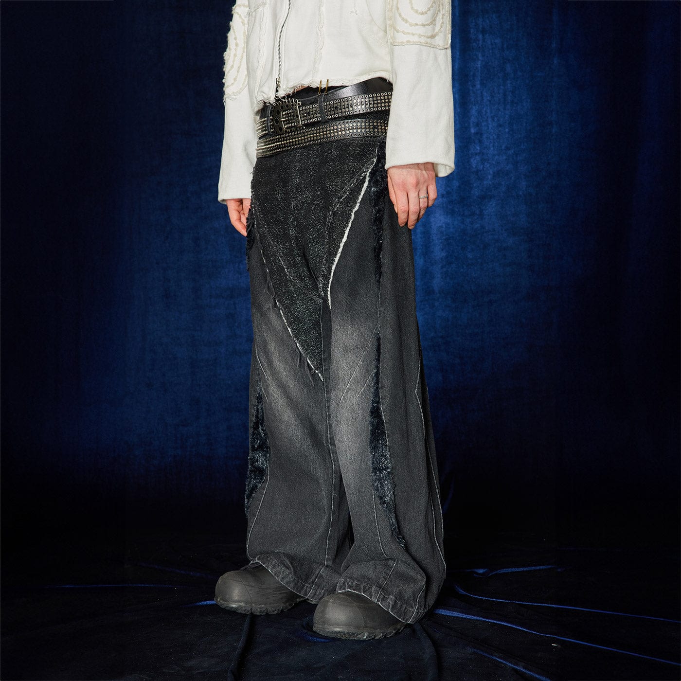 DND4DES Raw-Edge Faux Fur Spliced Jeans, premium urban and streetwear designers apparel on PROJECTISR.com, DND4DES