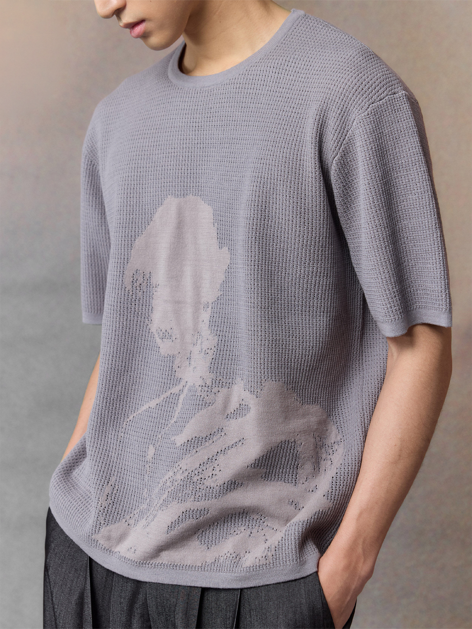 ALVNG AR ANTS Portrait Graphic Open-Knit T Shirt, premium urban and streetwear designers apparel on PROJECTISR.com, ALVNG AR ANTS