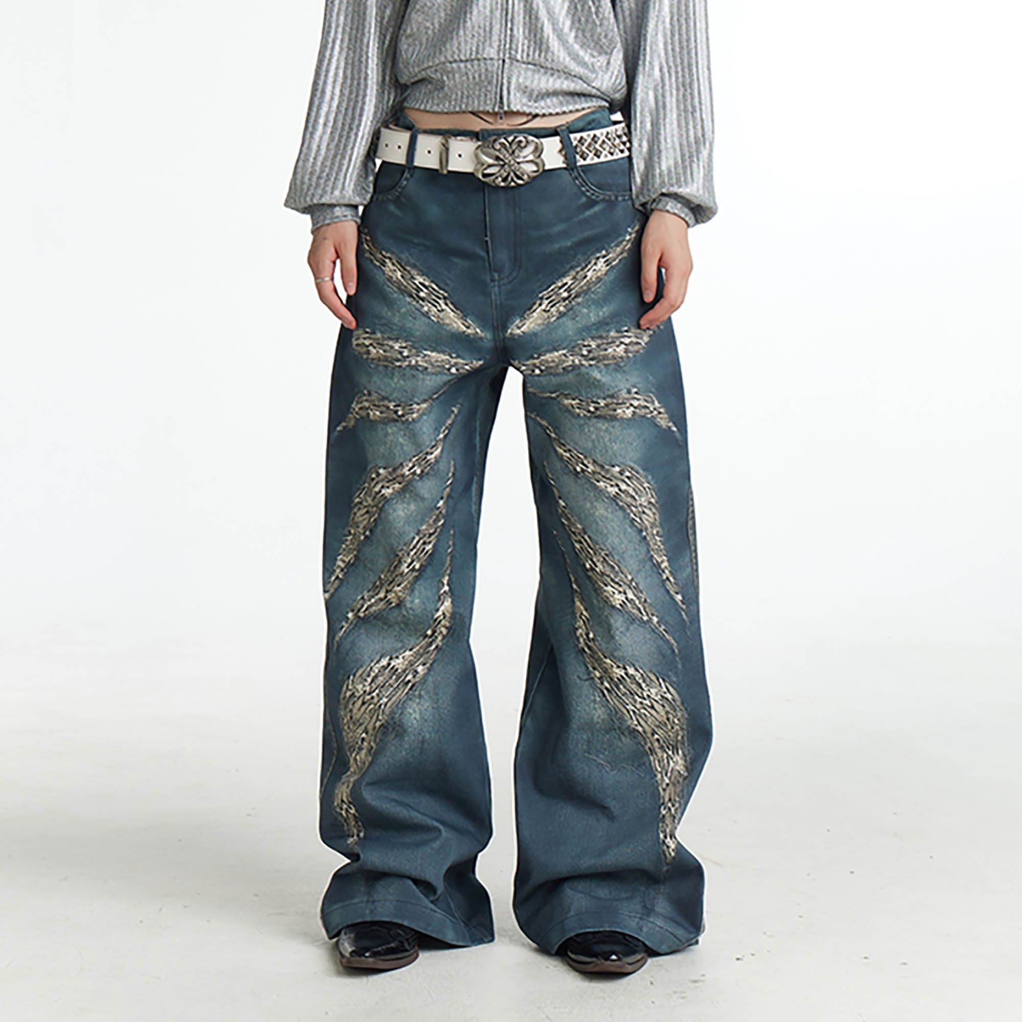 DND4DES Leopard Wings Embroidered Wide-Leg Jeans, premium urban and streetwear designers apparel on PROJECTISR.com, DND4DES