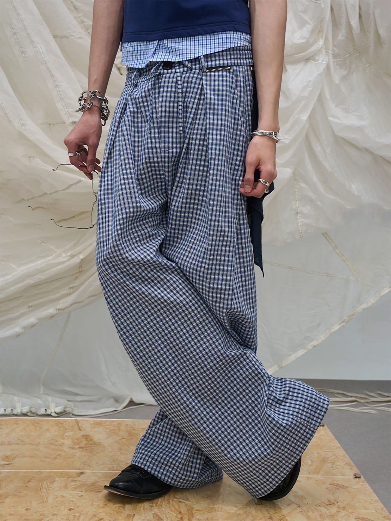 RELABEL Detachable Scarf Grid Pleated Pants, premium urban and streetwear designers apparel on PROJECTISR.com, RELABEL
