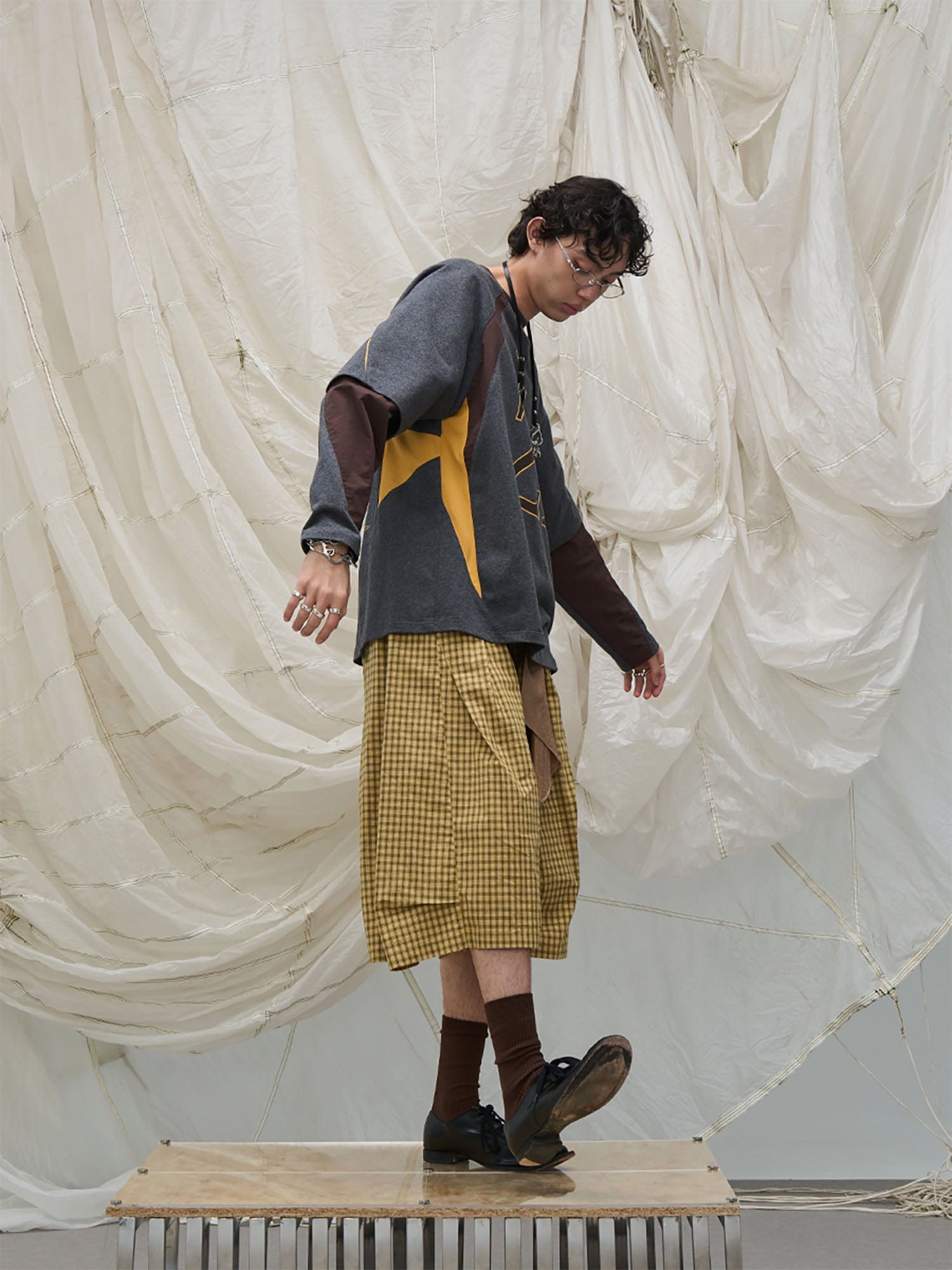 RELABEL Detachable Scarf Grid Pleated Shorts, premium urban and streetwear designers apparel on PROJECTISR.com, RELABEL