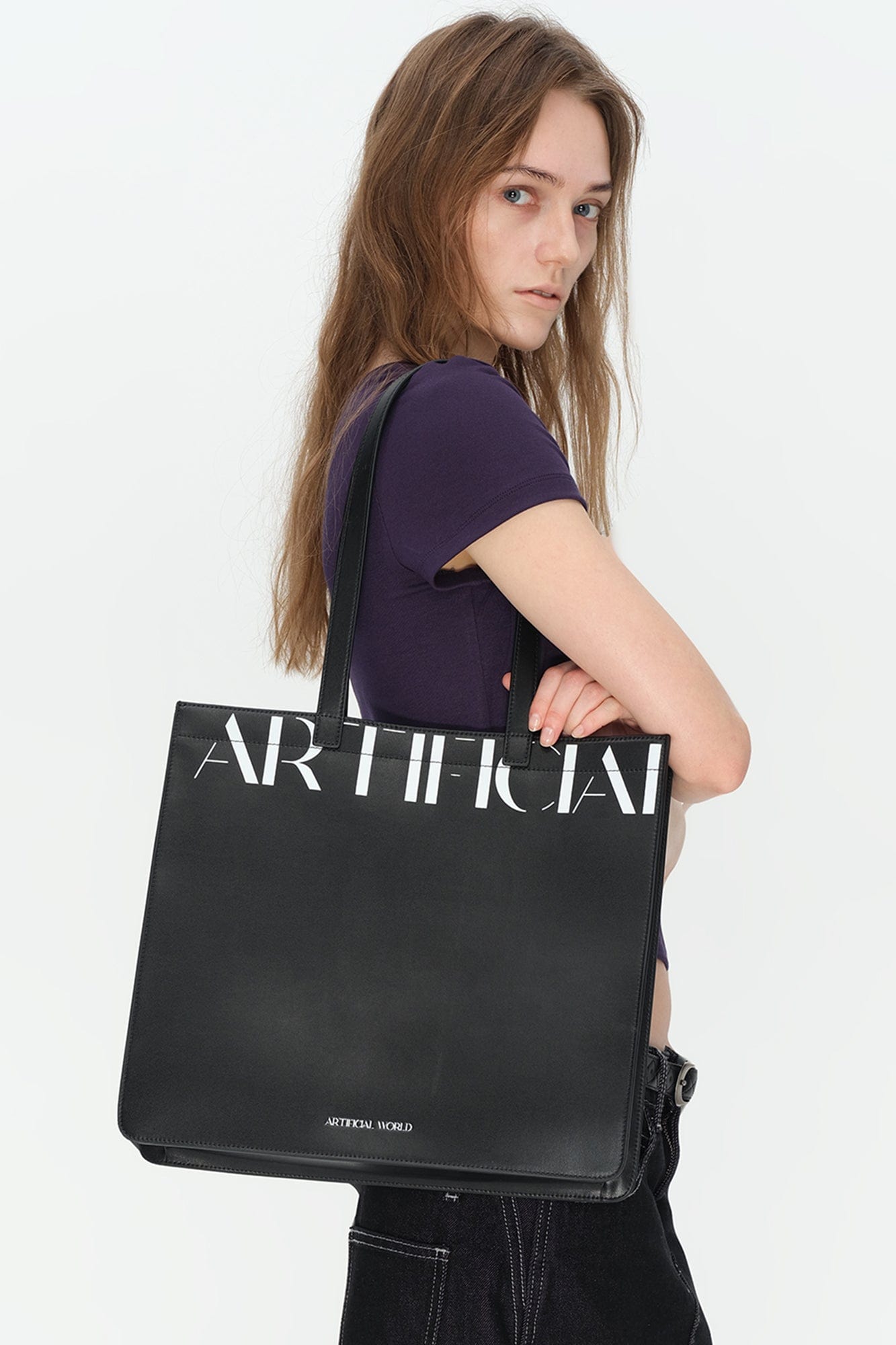 ARTIFICIAL WORLD Logo Graphic Leather Tote Bag, premium urban and streetwear designers apparel on PROJECTISR.com, ARTIFICIAL WORLD