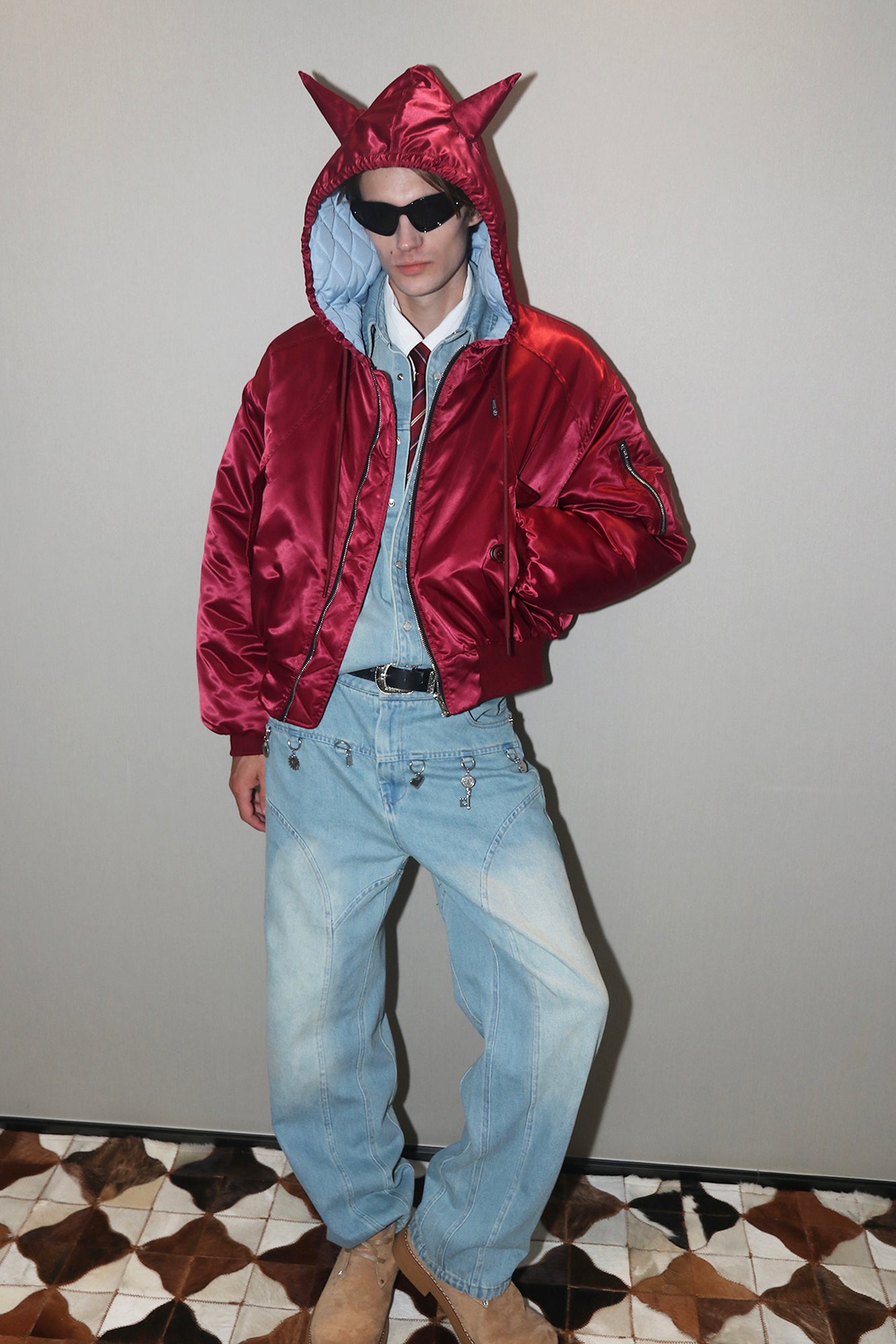 ASSEEN Devil-Horn Satin Hooded Bomber Jacket