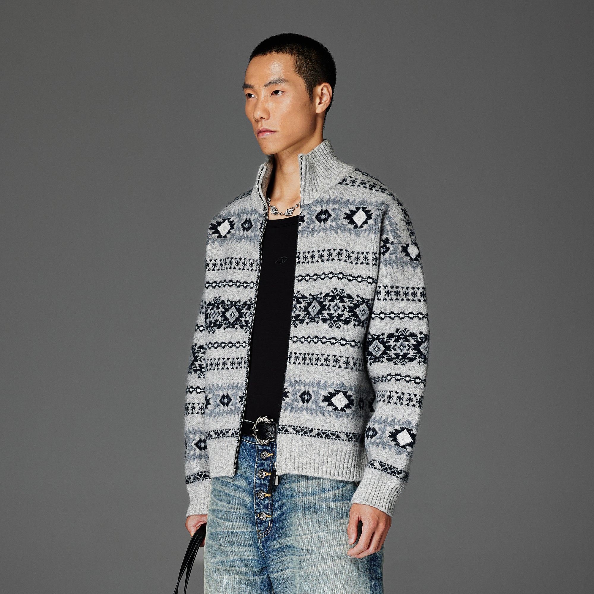 CATSSTAC Geometry Jacquard Zip-Up Cardigan