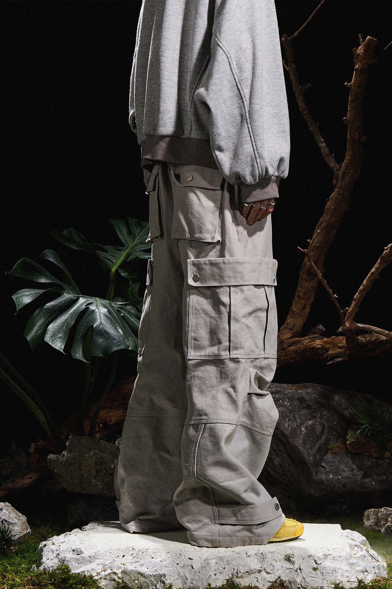 RELABEL Multi-Pocket Oversized Workwear Cargo Pants Gray, premium urban and streetwear designers apparel on PROJECTISR.com, RELABEL