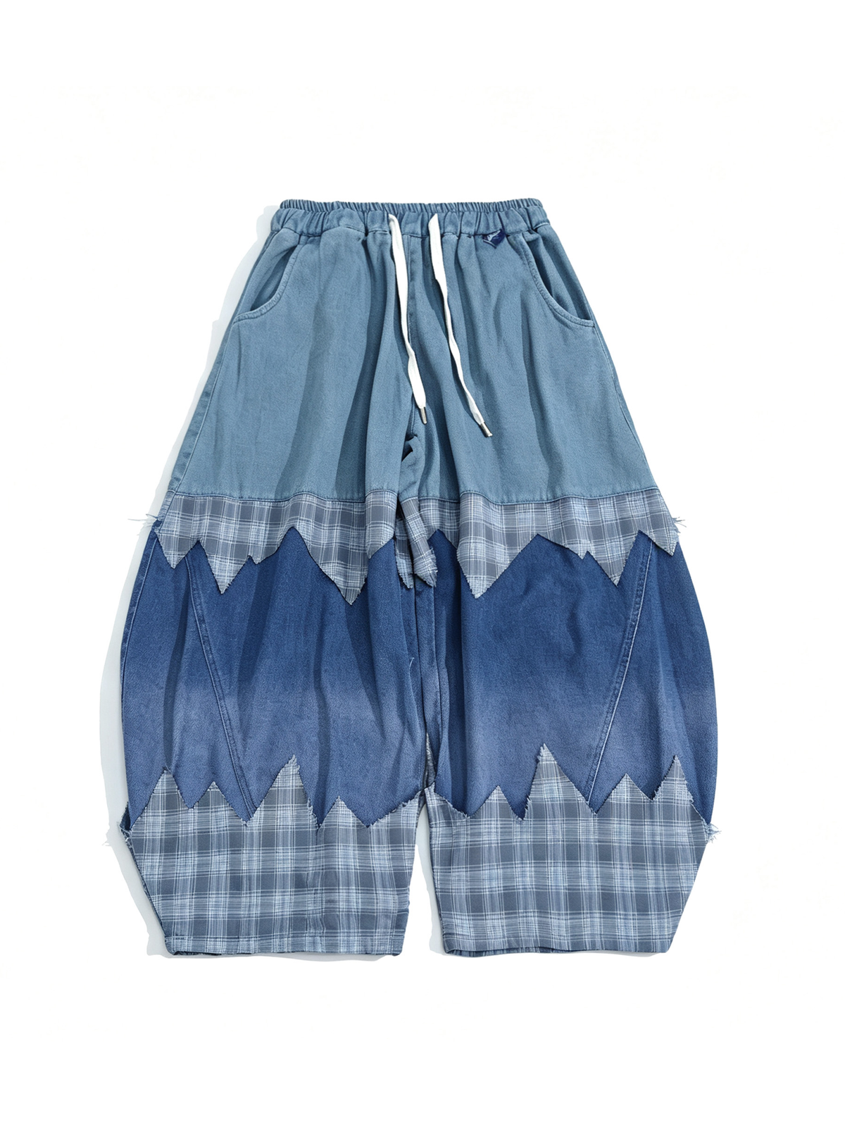 UUCSCC Spliced Distressed Plaid Wide-Leg Jeans