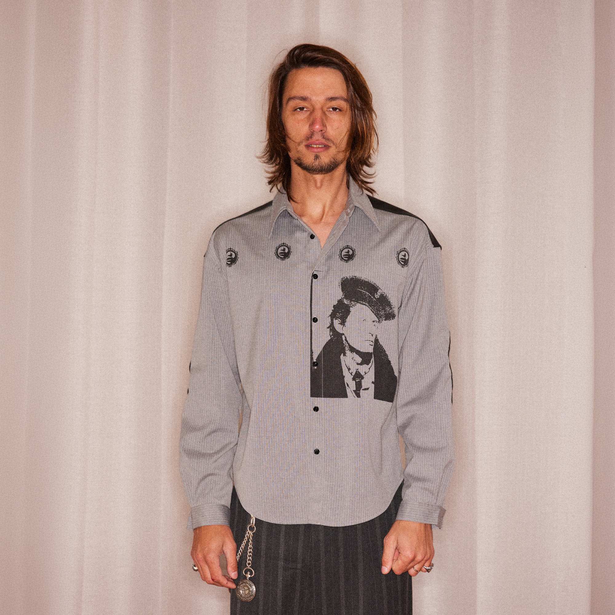 RICHILL Faux Leather Panel Portrait Graphic Stripe Shirt, premium urban and streetwear designers apparel on PROJECTISR.com, RICHILL