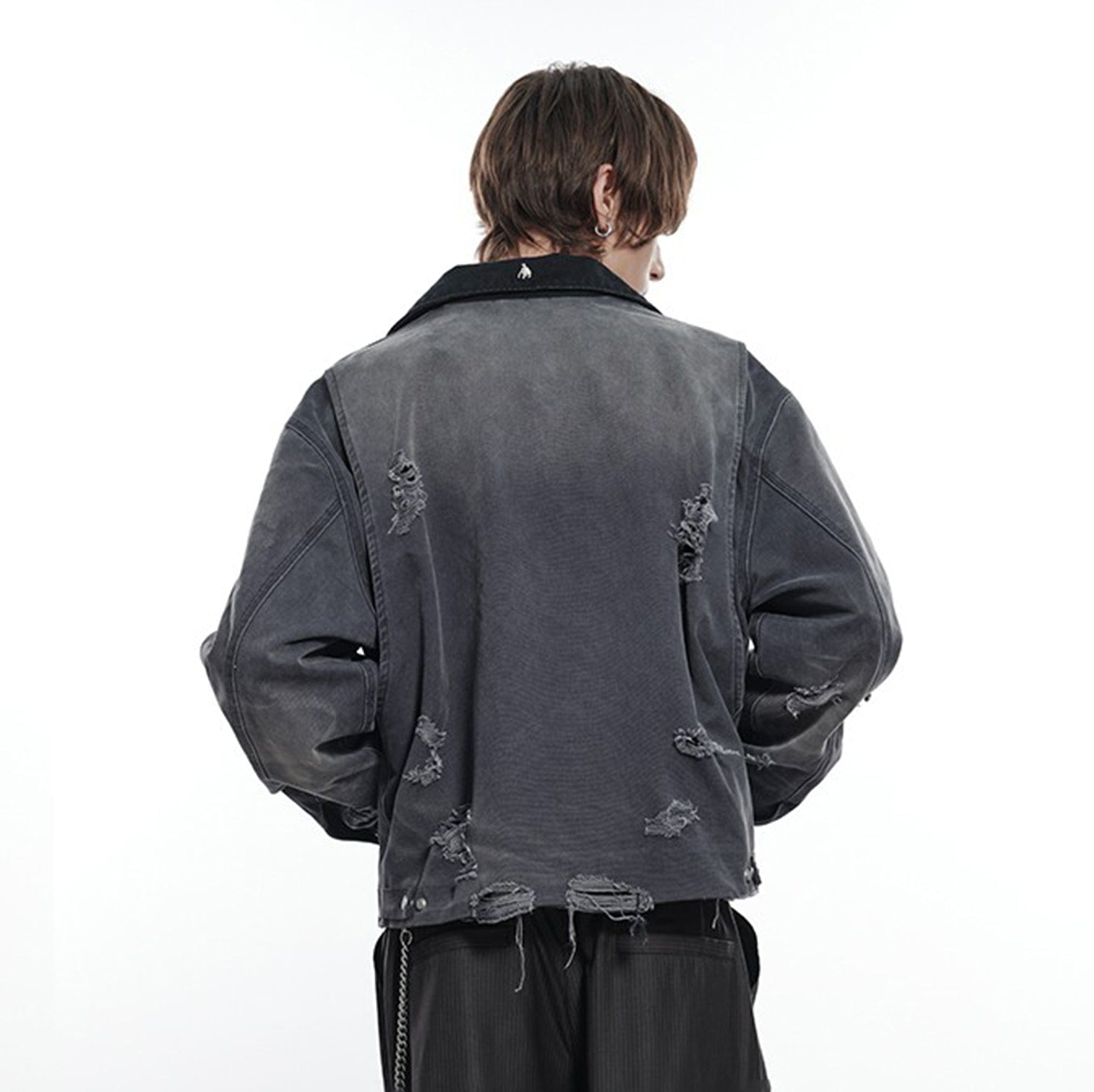 FACEONLAB Raw-Edge Ripped Rivet Metal Emblem Jacket Grey, premium urban and streetwear designers apparel on PROJECTISR.com, FACEONLAB